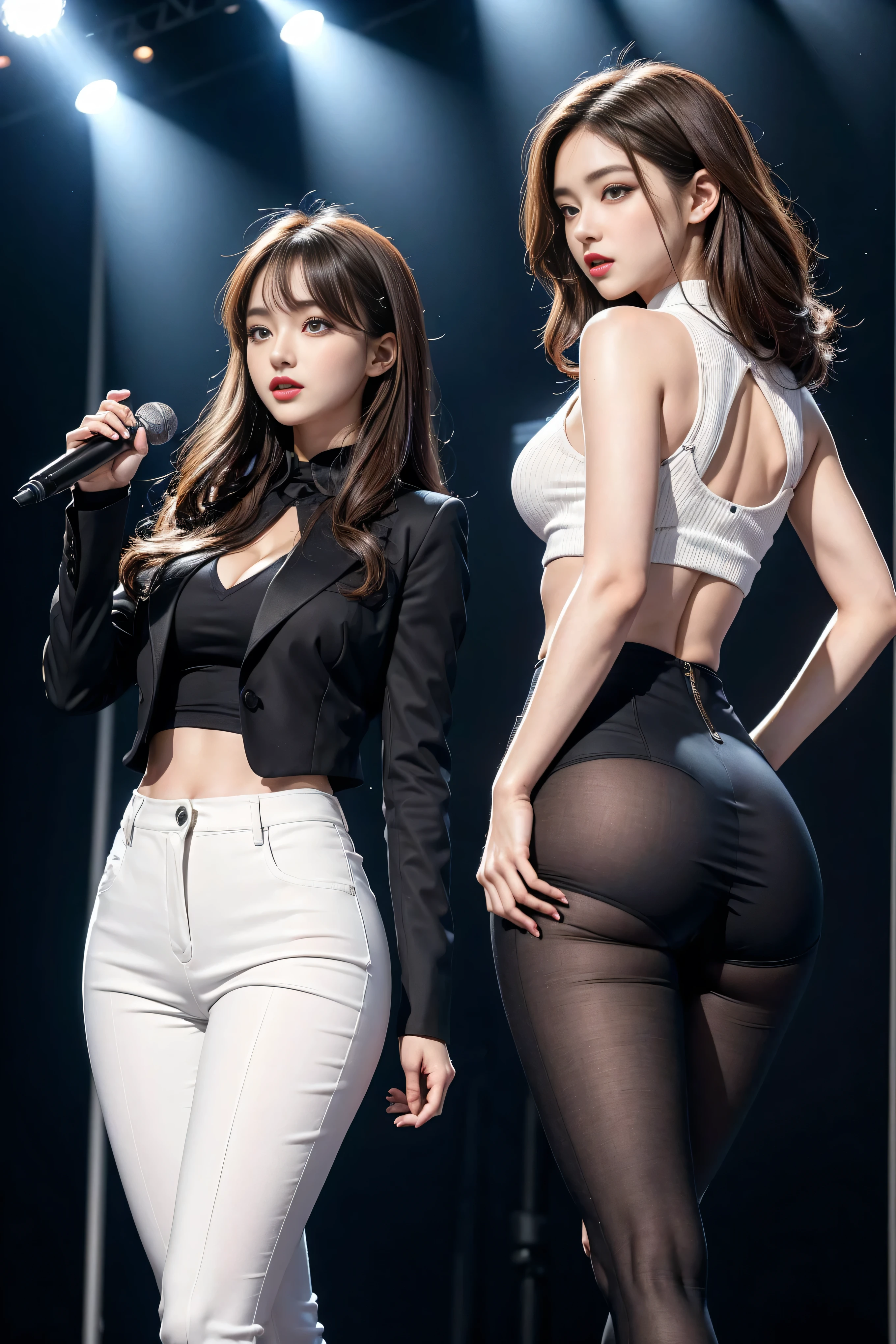 （8K，best quality，masterpiece，Practical，Very detailed：1.3），（2 girls，Beautiful Korean girl, Korean Idol），（Black Blazer：1.2），（White leggings：1.1），（Serious expression：1.2）discuss，（speech，Handheld microphone：1.2）（crowd，audience：1.3），Sexy long legs， （Thigh gap：1.5），Wide hips，S-Shaped Body， Hip lift，，Black curly hair，（Ass Focus：1.1）Shot from behind
