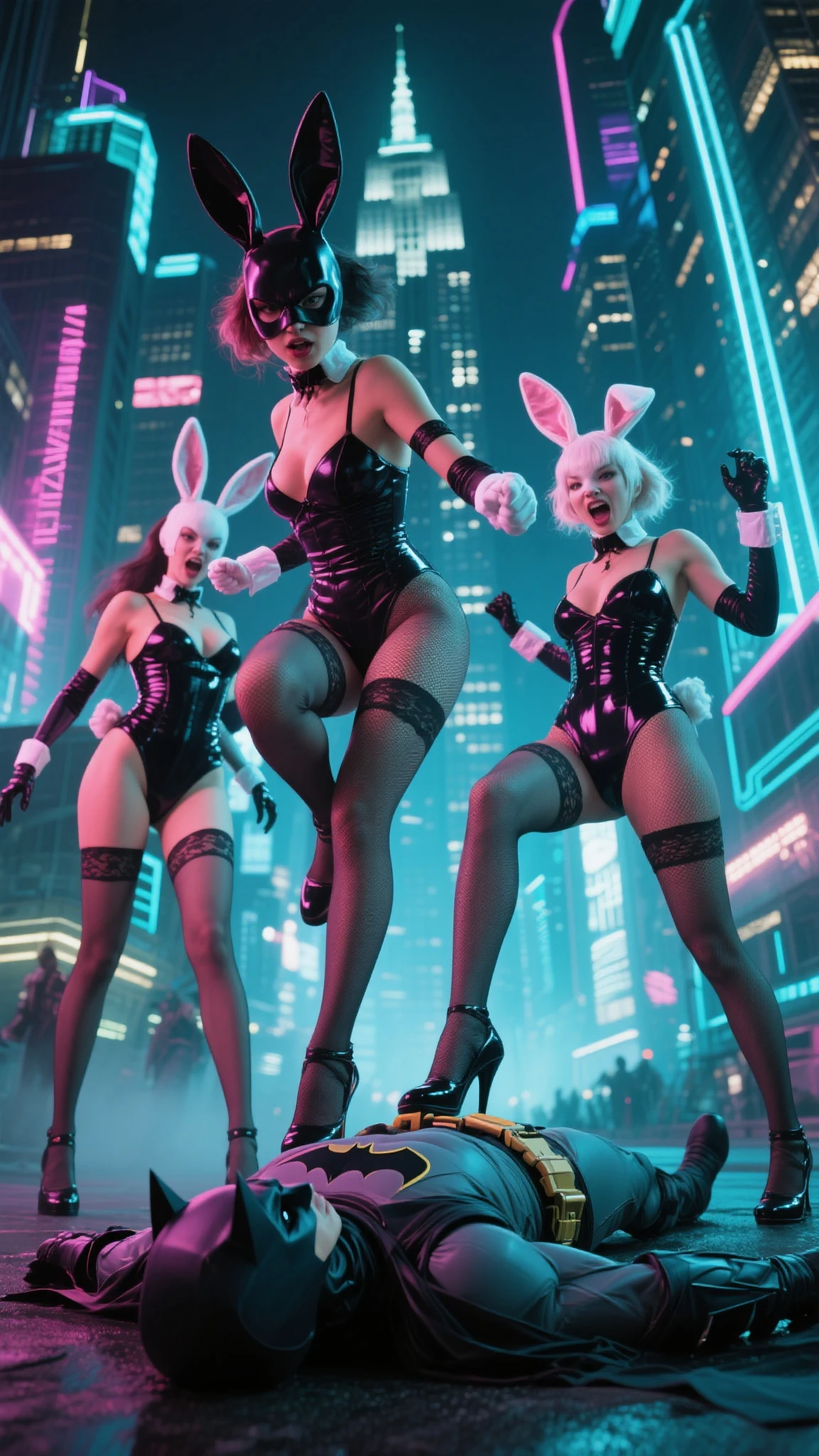 Five women dressed in punk bunny costumes, two with black hair, two with blonde hair and one with blue hair