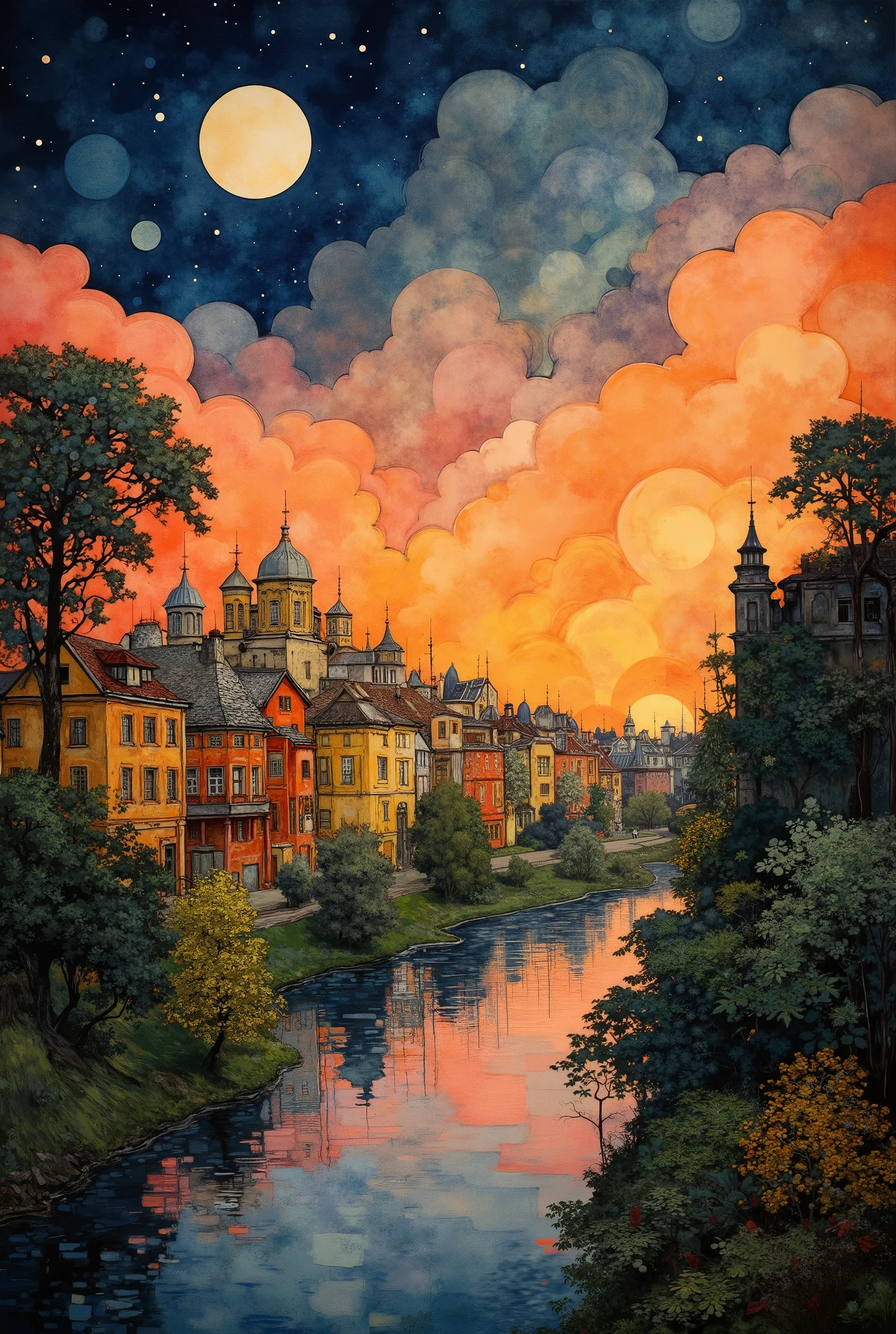 a detailed cityscape with lush trees and a river in the foreground, golden architecture, whimsical and fantastical sunset sky with stars, by Camille Bombois, Sandor Bihari, Orshi Drozdik, Ivan Laco Krucic, Konstantin Savitskiy, digital art, 8k, hyper detailed, photorealistic, dramatic lighting, vibrant color palette, cinematic composition