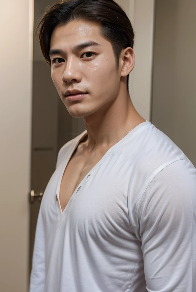 Korean Man, Sexy man, wearing white shirt, unbutton shirt at the top part, big chest, Bottom wearing man's underwear, Bodybuilder, Muscular body, big muscle, Short and delicate hair, Natural eyes,
looking up at viewer, taned skin, big bulge, thick-thighs, Open legs, Masterpiece, Best Quality