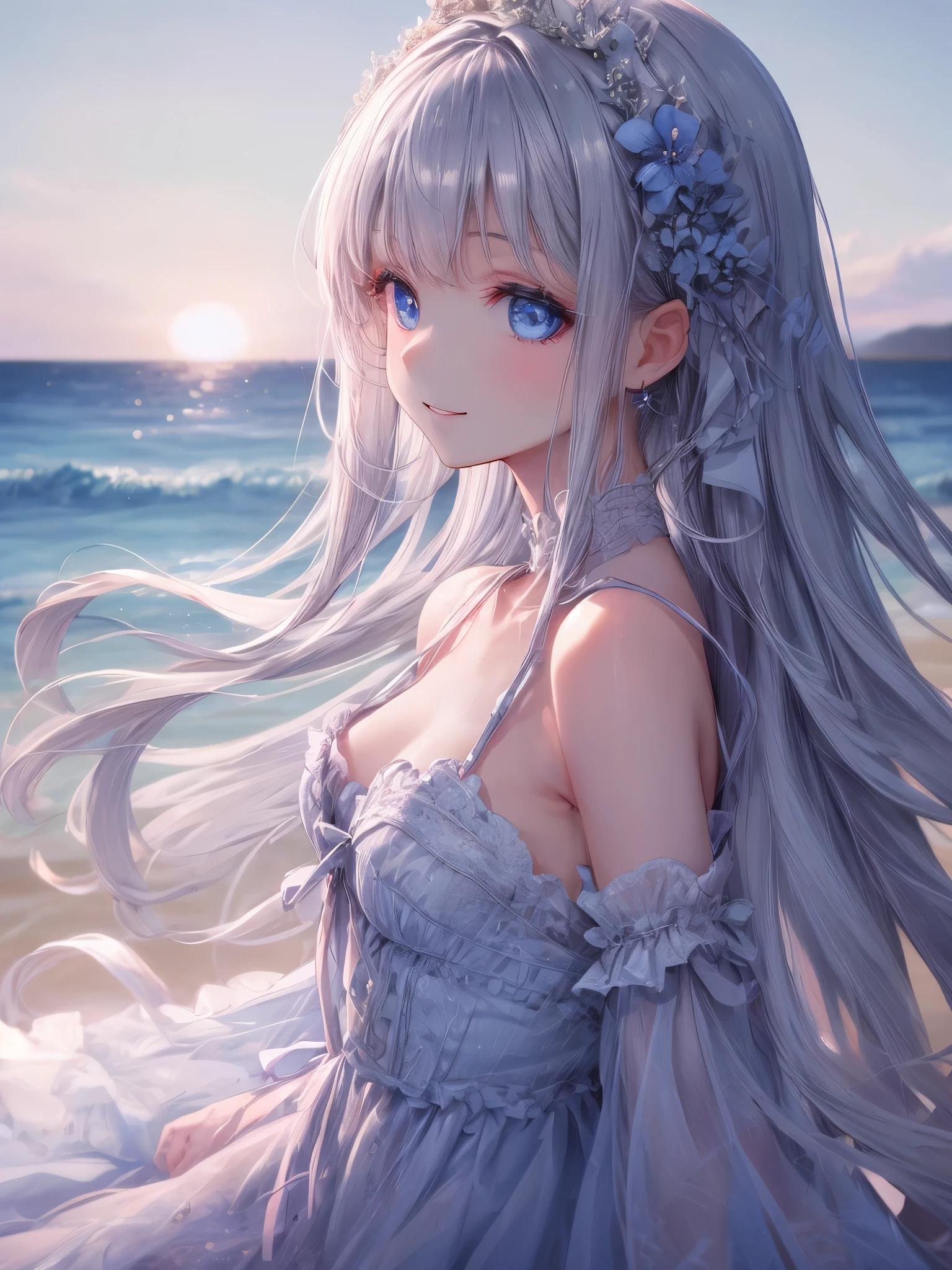 art by Cornflower,(masterpiece:1.2),(4k),high quality,(1 girl),(solo),(small breasts),((arms behind back)),silver long hair,beautiful detailed blue eyes,In the fantastic beauty of the sun light, elegant gothic princess,white short gothic dress,white gothic witch clothing,Bokeh, A gentle light spreads over the tranquil surroundings, Delicate petals blend into intricate patterns,((in front of a beach)),blue sky with clouds in it,Add a dramatic and symbolic element to your scene,dreamy romantic,fantastic and dreamy theme,film lighting