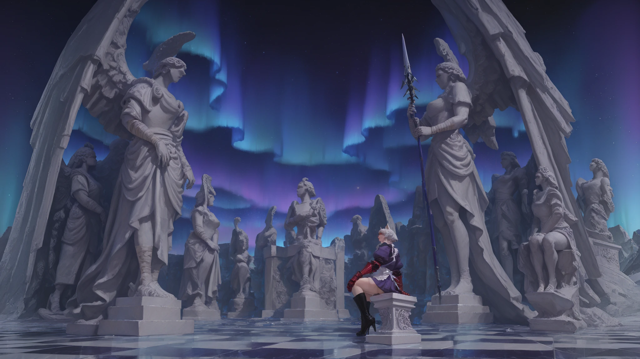 beautiful girl, alone, alone, with cat ears, short white hair, with a long side fringe, Red Eyes, sharp eye, beautiful skin, extremely nice body, ,((pretty face)), A maid's uniform, short skirts, (maid) , (A large red gauntlet on the right arm), (left arm without gauntlet hands bandaged) ( a spear in his hand ), (black boots with heels), beautiful thighs, (She is standing on her back), (profile), (his back is visible) , (( takes plywood )), (( purple colors, cosmic sky, starry, light purple checkered tile floor, squared structures of the same color , (matrix), (blue aurora borealis), (An ultra-gigantic figure of a bearded man like god in white marble sitting on a stone throne, (( Statue of Zeus at Olympia )))))