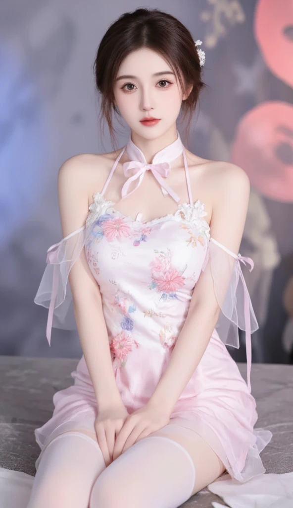 (Best quality,4K,8K,A high resolution,Masterpiece:1.2),Ultra-detailed,(Realistic,Photorealistic,photo-realistic:1.37),Delicate depiction of floral motifs on traditional Chinese gauze dresses, Dynamically capture Tai Chi elements, Flowing fabric, vivid vivid colors, Pastel tones, Soft and dreamy lighting, Focus on exquisite craftsmanship, Dynamic movements, Detailed rendering of intricate floral embroidery, Elegant and elegant gesture, Porcelain-like skin, small breasts, long pink twintails, soft blue eyes, Subtle and flawless makeup, Surreal wallpapers
