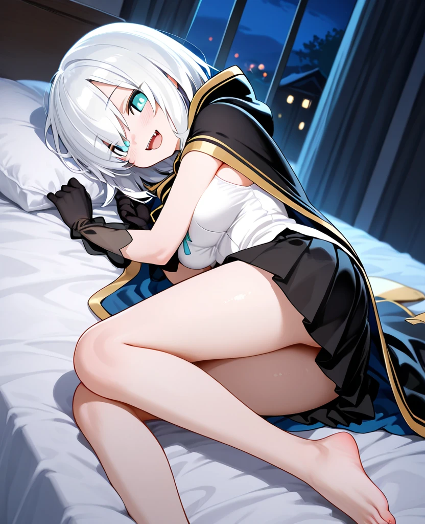 mid-shot, Look at viewers, hands behind back, girl with, 20 years old, Very short hair, long bangs between eyes, hair over shoulder, Grey Hair, Floating hair, ^ ^, pale blue eyes, Short dress, Hoodie, Skirt, Bare shoulder, White clothes, , Extremely detailed,(masterpiece、top-quality)、独奏、1womanl、White hair、the tips of the hair are blue、Blue eyes、A smile、White skin as clear as snow、Small breasts, Silver hair, Blue eyes, Beautiful eyes, Girl, Ecstasy, charmed, be smitten with audience, Hoodie, Hoodie with open front, Shoulder out,on the beds,inside in room,laying on back,open open mouth,Close-up of the face