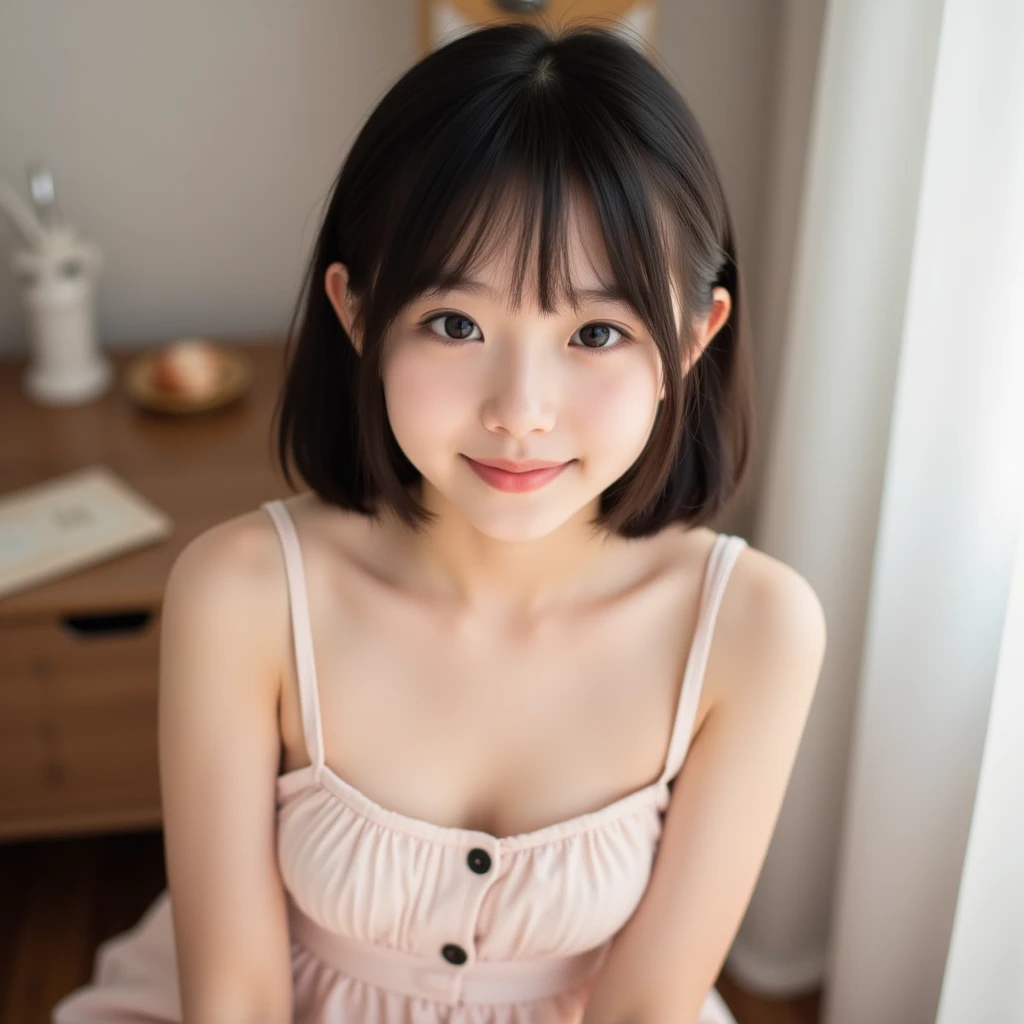 (Highest quality, masterpiece, Ultra-high resolution, 8K, RAW Photos, Realistic, Anatomically correct:1.5), 20-year-old girl:1.2, Embarrassing, avert your eyes, blush:1.0, View Viewer, ((bar)) 、Large windows、Night view、 Light:1.2, Bokeh, Cinema Lighting:1.0, Depth of written boundary, sharp、 Cute face、Idol、Wine colored short sleeve lace top、Black pleated skirt、Shiny wine-colored clothing、”dwarf”、(Floral clothes)、(Full Body Shot)、Side angle、Cowboy Shot、 smile、((Ultra short hair、Berry Short))、(Straight bangs)、((See-through))、(( One Girl))、Waist、I can see your thighs、