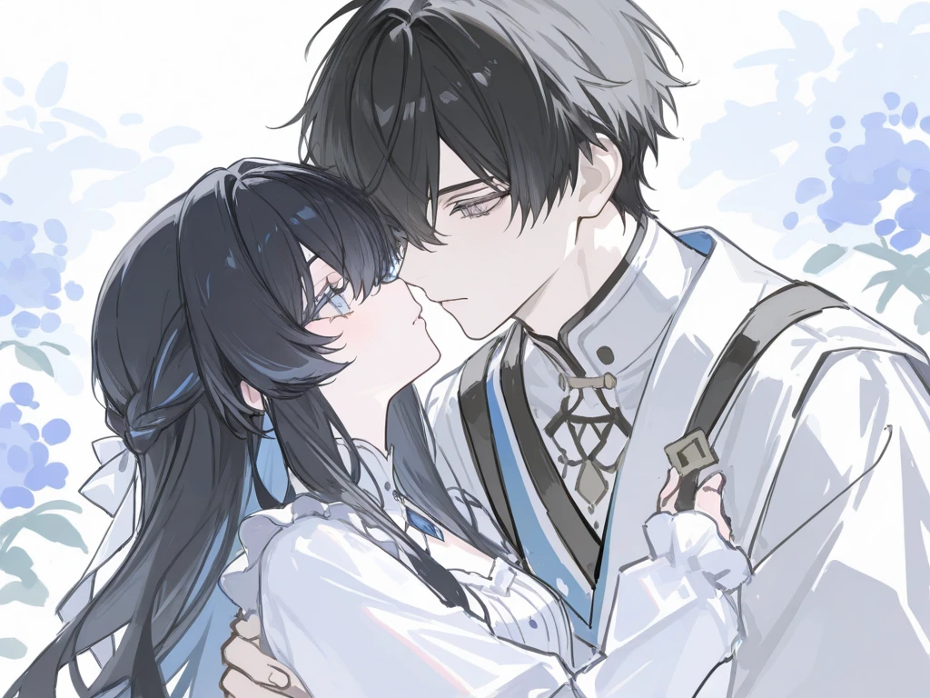 "4k monochromatic romantic fantasy scene: mature couple embracing tenderly. The man with black hair and red eyes, and the woman with elegantly long black hair and mesmerizing blue eyes. (Monochromatic:1:1, ultra hd, 4k)"