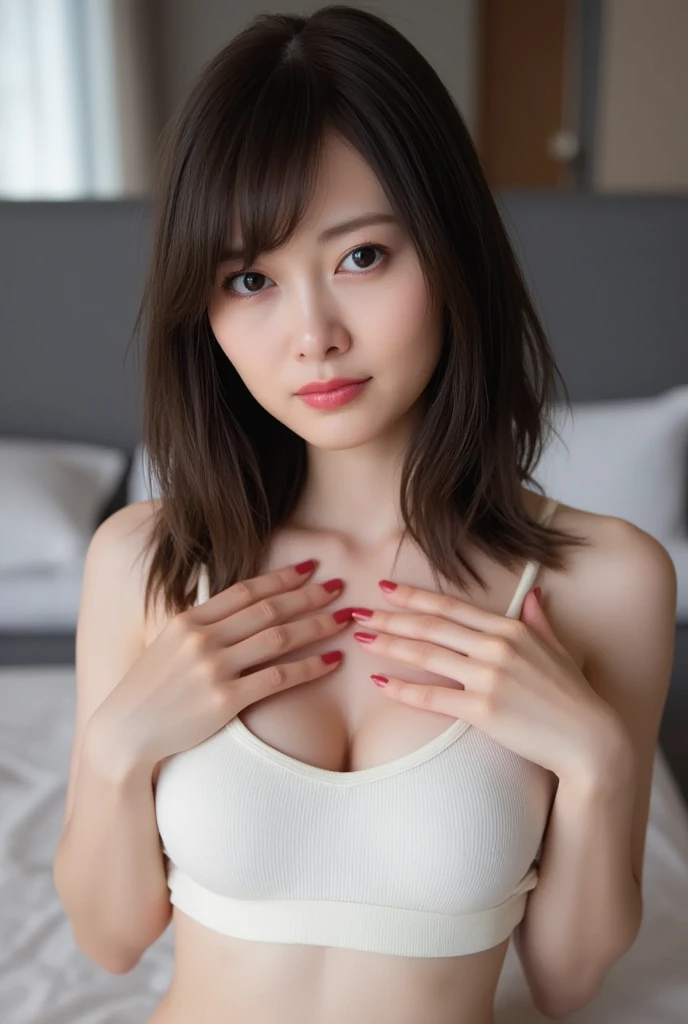 one japanese woman、Beautiful woman sleeping in bed、(Appears to be sexually aroused:1.8)、(Blushing cheeks:1.5)、(Skin shiny with sweat:1.2)、(Sleep with your crotch open)、 Anatomically correct proportions, 8K, RAW shot, Best High Quality, masterpiece, realphoto, (portlate:1.5), 18-year-old Japan beauty, A dark-haired、(Beautiful woman with a slender figure:1.5)、(medium udder:1.5)