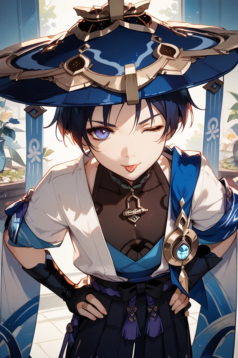 masterpiece, best quality, highres, high quality, 1boy, solo, male focus, looking at viewer, upper body, hair, realistic, <lora:wanderer-09:1>, hat