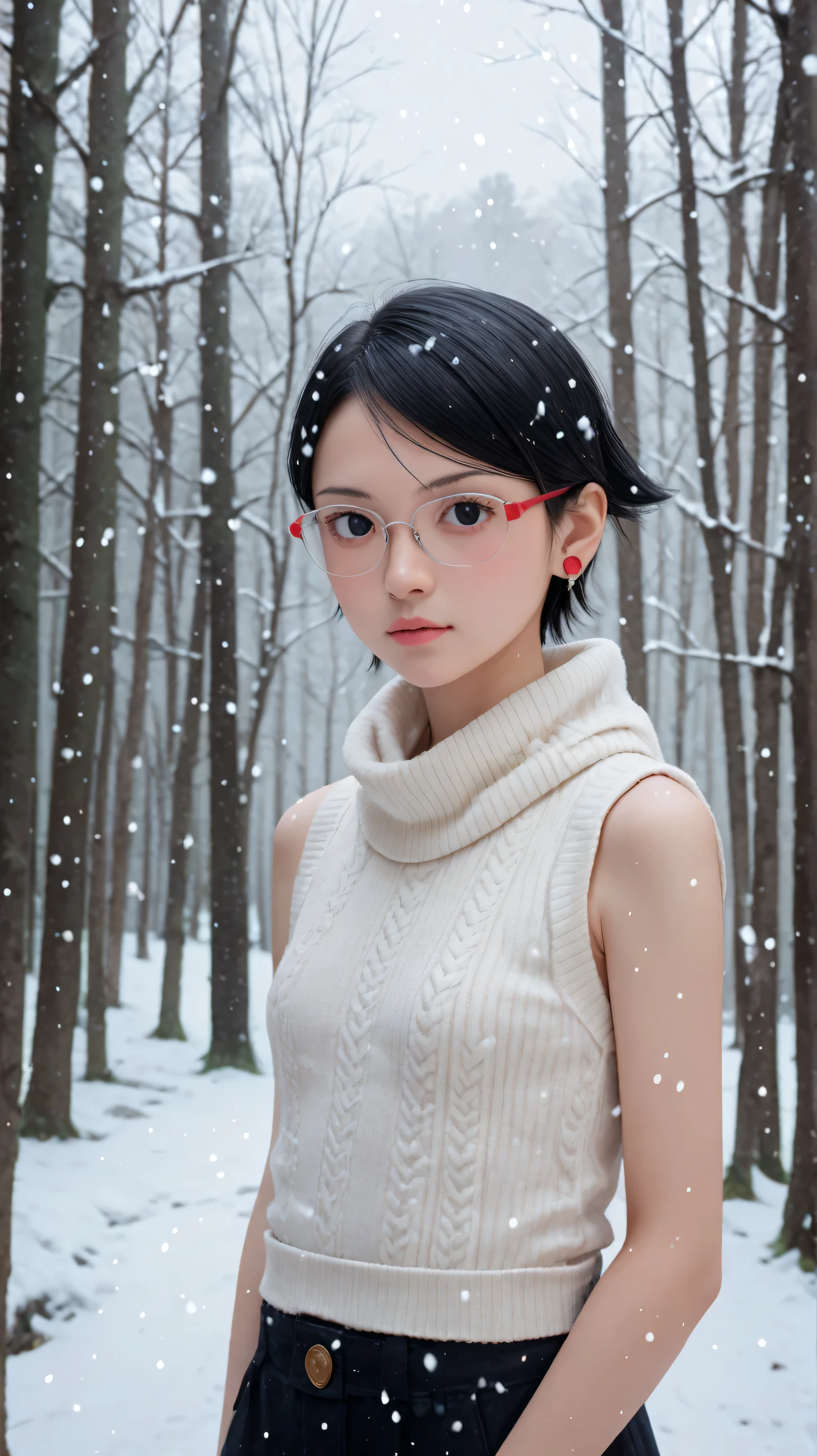 1girl, solo,sarada uchiha,black eyes,black hair,short hair,outdoors,potrait,snowfall,small breast,wearing glasses,forest,winter backround,sleeveless sweater,standing
