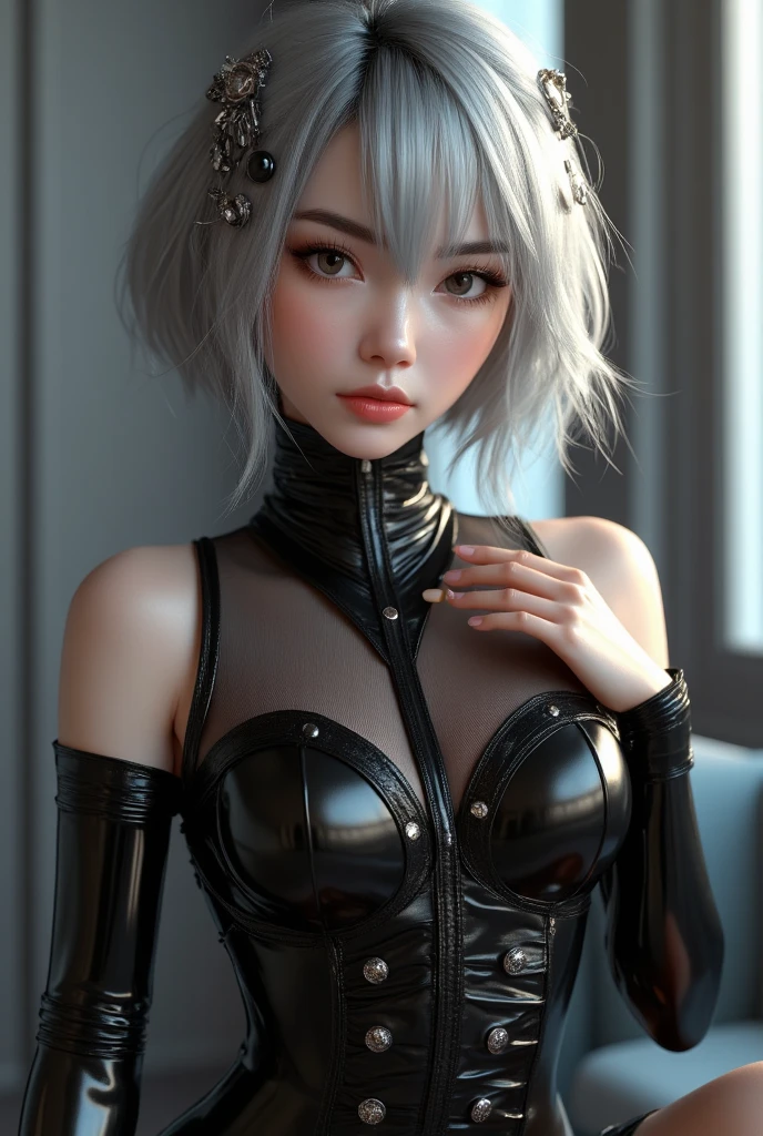 Anime style female character with a high-resolution depiction that is close to reality,
Simple and shy expression gracefully etched on her face,
A modest smile curling her lips, silver bob cut hair cascading down her shoulders,
Her bangs long on one side, covering her eyes and giving off a multi-dimensional glow to her pale grey eyes,
Long, lush eyelashes shielding her gaze, donning a sheer black leather bodysuit that accentuates the curves of her body,
Topless, the bodysuit revealing a luxurious texture, intricately cut and adorned with delicate lace details in each section,
Her slender fingers softly touching her face