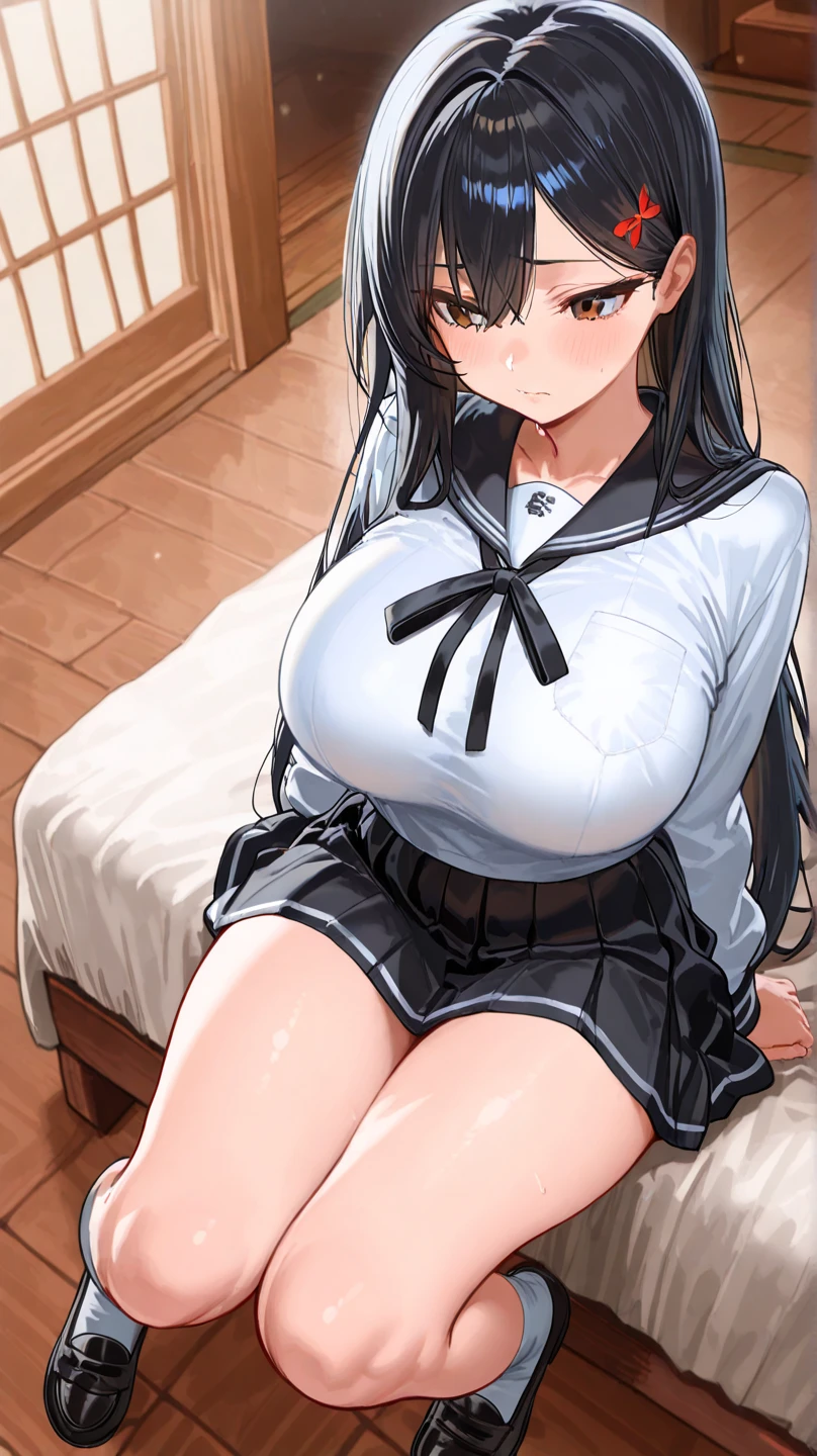((nsfw, masterpiece, best quality)), ((super high resolution)), (photo realistic), best shadow, (sharp sketch, illustration:1.2), high detail, very detailed, (nice hands, perfect hands), (POV, face focus:1.4), ((1girl and 1 boy)), beautiful girl, 24 years old, blue eyes, (straight long black hair:1.5), (normal breasts:1.2), glossy skin, ((view from front:1.5)), (very slender:1.3), (beautiful adolt face:1.3), famous idol, thin lips, detailed facial features, facial and skin texture, Crisp focus, perfect beautiful body and face, pink small nipple, beautiful face, perfectly in focus, long bangs, underhair, (in the night hotel:1.3), all body, (orgasm:1.5), (sweat:1.5), ((woman on top:1.5)), ((penis)), ((vaginal)), ((sex:1.5)), (idol costume:1.5), (cum in pussy:1.5), (show off nipple:1.3), skirt lift, open mouth, kneesocks, kanzashi, choker, (corsage:1.5), wrist scrunchie