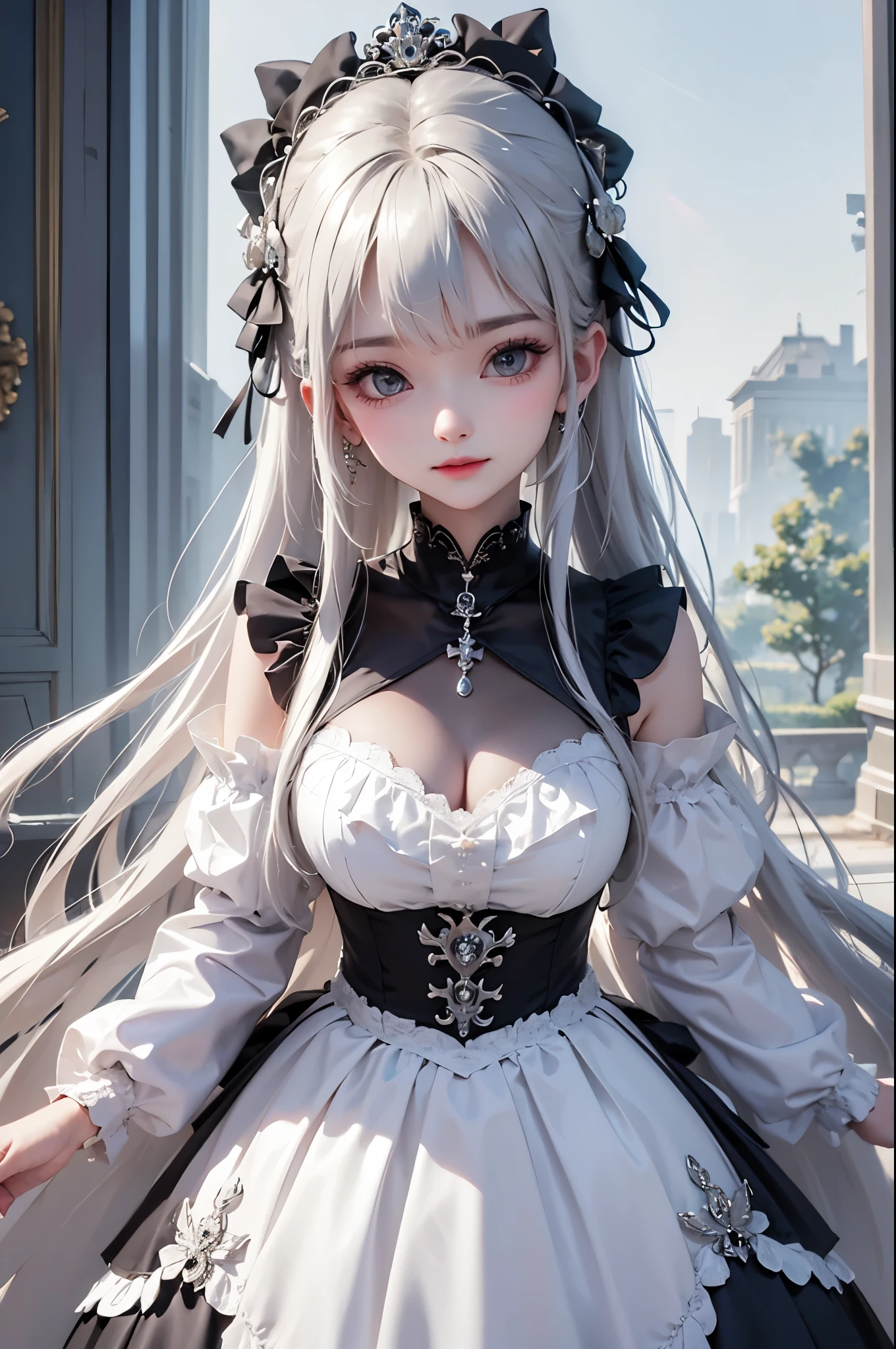 (masterpiece:1.4, best quality, 8k, dutch angle,Realistic、Photorealistic illustrations, Every detail、Intricate details)(1girl, solo)(cute girl, Detailed faces down to the smallest detail、 small beautiful breasts, beauty white hair:1.5, Cute Asian Girl、Beautiful cleavage)(Gothic、Lolita Costume、black gothic dress、Monotone dress)(Put your hand on the wall, floating hair)(Night view、Britain in the late 20th century、A row of stone houses、out door、moon、Soft Light、Fantastic lights、Beautiful hair that shines through the light)