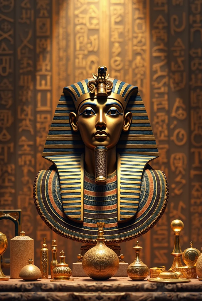 Create a background that represents Egyptian culture, surrounded by hieroglyphs and symbols of beauty, like the lotus flower. Ao fundo, include silhouettes of pyramids and temples, with a mystical atmosphere that evokes the spirituality of Ancient Egypt