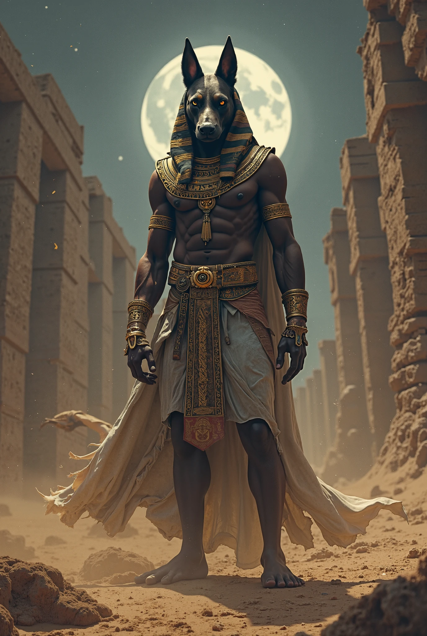 scene with Anubis the Egyptian God of death standing on the desert sands with the sun setting on the horizon. Anubis the Egyptian god of death has the head of a jackal and the body of a human. he has to be wearing egyptian clothes. there should be a light mist near the feet.