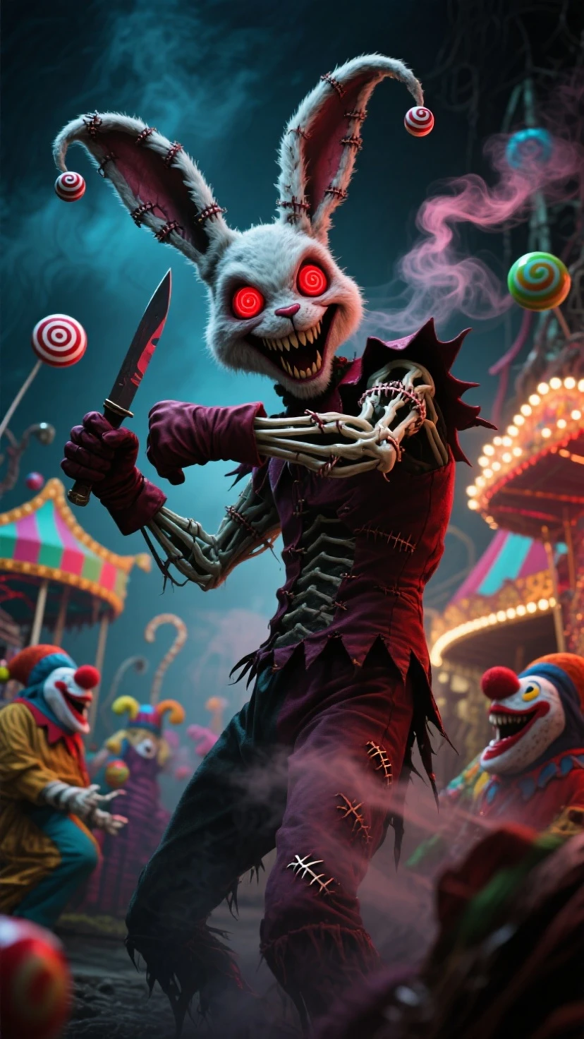 (voodoo doll knitted toy:1.2), (voodoo rabbit:1.4), (voodoo joker:1.1), (Clothing: purple suit with green vest, bow tie:1.0), (Accessories: playing cards, small dagger:1.1), (background: dark and twisted carnival with flickering lights and creepy atmosphere:1.2), best quality, masterpiece, detailed soft oil painting, detailed background, dramatic cinematic lighting, soft edge lighting, professional, dramatic lighting, hard edge lighting, ultra quality, 4k, masterpiece, best quality, 8k, ultra high definition, high resolution, extremely detailed