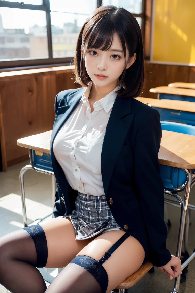 nsfw, pussy, pubic hair, Highest quality, Realistic, 8K, High resolution, 1 Girl, woman, (middle: 1.8), School, library, , blazer, uniform, Pubic hair is visible, No pants, She boldly rolled up her skirt, ((Sit on a chair and spread your legs wide)), 膝を曲げてOpen your legs, A little short hair, stockings, Grab your knees with both hands、Open your legs