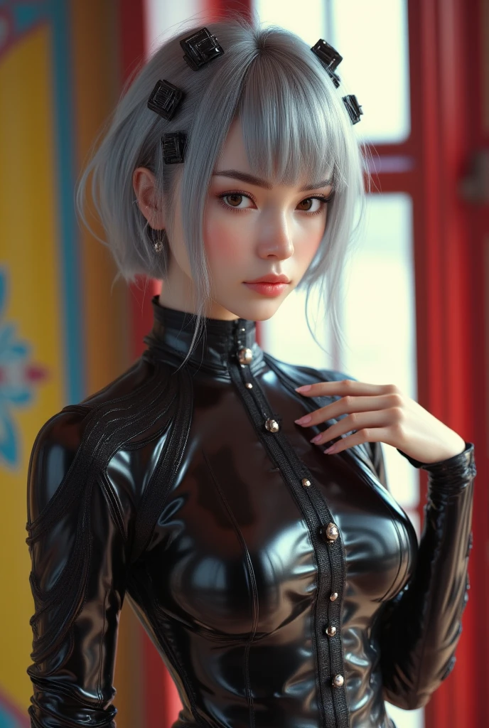 (Realistic:1.2), (all body, fashion portrait:1.6), (brand collection, fashion brand theme:1.6), (detailed, beautiful, masterpiece, best quality:1.2), _ BREAK (1girl:1.2), 22 years old, 160 cm, Japanese cute model, Tightened all body, medium Breasts, small head, small face, diamond Face, small nose, Sharp Faceline, Detailed face, Detailed eyes, young hands and fingers, beautiful hands and fingers, five fingers, _ BREAK (happy, smile, Glossy Lips:1.3), (Light color lips, Half open mouth, beautiful Teeth:1.2), (dropy eyes, Double eyelid, light color eyes, Shiny eyes:1.5), Shiny skin, _ BREAK (arranged hairstyle:1.4), (gray hair, shiny hair, _ BREAK (gray background:1.4), mist, fog , white lightning, _ BREAK (wide angle:1.4), (standing, sexy model pose:1.2),BREAK (black and white theme:1.2), (fusion of sleek black bodysuit and traditional Chinese Cheongsam dress:1.3),(long sleeve:1.2), (mandarin collar:1.2), (form-fitting silhouette:1.2), (dragon shape cut out:1.3), (white thigh-high slit on the side:1.2),
BREAK (silver accent:1.2), (silver hoop earrings:1.2), (black stiletto boots:1.2), (subtle makeup with monochrome tones:1.2)