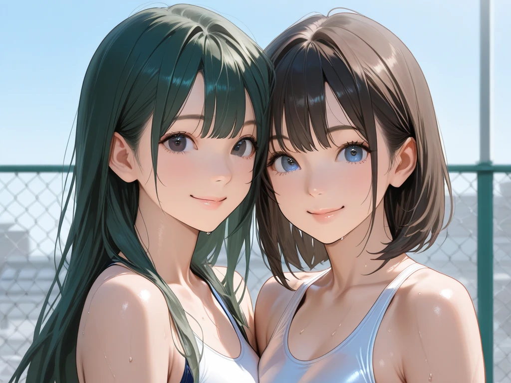 highest quality、realistic、Japanese、girl、zoom、look up、cute、Green eyes、ponytail、black hair、all back、Forehead is coming out、Ocean、light blue swimsuit、joy、sunburn、Midsummer、Sweat