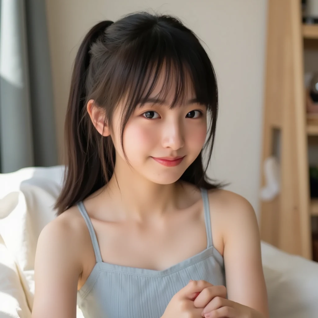 (masterpiece, highest quality:1.4), award-winning portraits, 8K, 85mm, alone, beautiful face, delicate girl, violaces, gardenia, grace, Sophisticated, cute, teen, looking at the viewer, 15 years old, Raw photo, disorganized, HDR, sharp focus, background bokeh、(((flat 、thin and delicate body、A childish atmosphere、basement)))、Her shiny semi-long hair is tied up、swaying hair、Mole on the left cheek、large, round, dark blue eyes、full body、random pose、Junior idol、Nogizaka Idol、mole under eye、sexy、naked