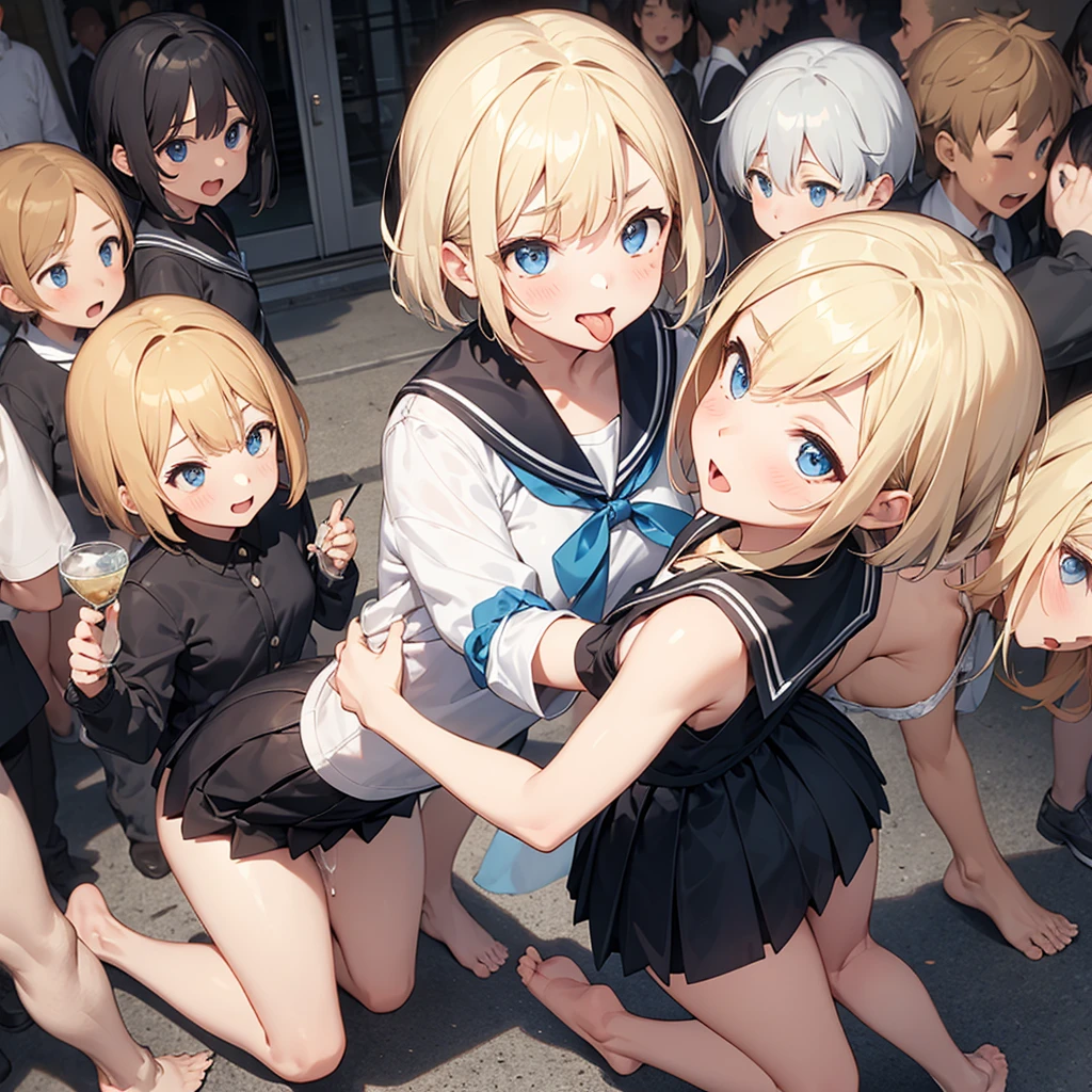 beautiful white slim girl, 5girls, different hair colors, colorful t-shirts, unzipped shorts, no panties, bottomless, topless, pussy peek, pussy, pussy juice, pussy juice puddle, squirting, pee, peeing, pee puddle, pee stream, wet legs, pee on legs, urinating, orgasm, thigh strap, vibrators, full body, female crowd, hiding, covering mouth, embarrassed, scared