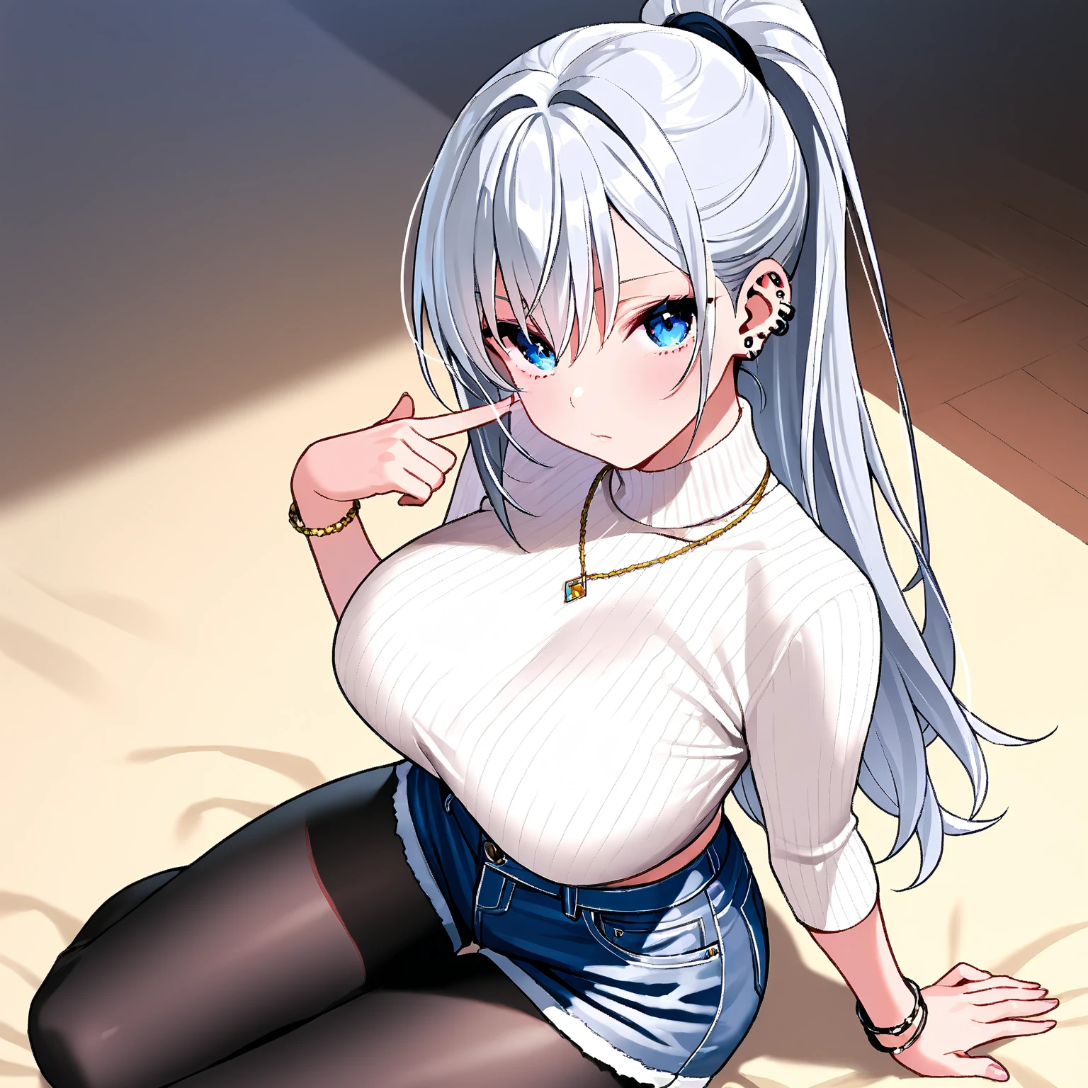 (((SHARP detail perfect face))), big breasts, (nice hips), detailed skin, ((masterpiece)), best quality, (SHARP details), 4k, ((female gladiator)), ((dark skin)), (cat ears), (cat tail), (platinum hair), (slave collar), (((sweater))), amber eyes, looking at viewer, standing, (tall woman), long hair, tomboy, (mature woman), ((Woman taller than viewer)), (sitting), couch, (blue jeans), white socks, grinning at viewer,