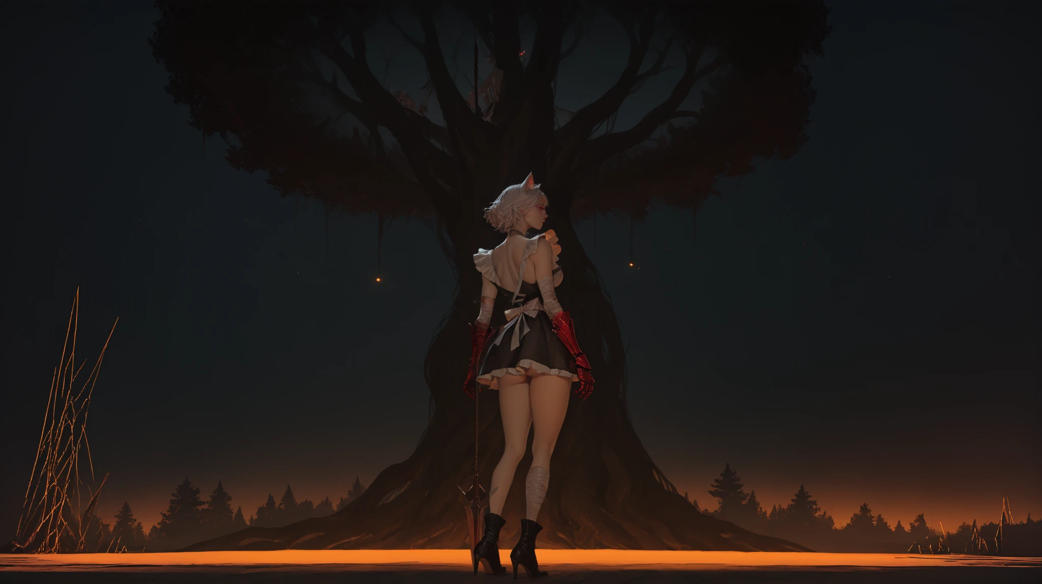 beautiful girl, alone, alone, with cat ears, short white hair, with a long side fringe, Red Eyes, sharp eye, beautiful skin, extremely nice body, ,((pretty face)), A maid's uniform, short skirts, (maid) , (A large red gauntlet on the right arm), (left arm without gauntlet hands bandaged) ( a spear in his hand ), (black boots with heels), beautiful thighs, (She is standing on her back), (profile), (his back is visible) , (( takes plywood )), ((In full darkness in the center there is a giant tree, the tree of life yggdrasil with a dark background, lights fall from the sky in the form of orange strips, the inside of the tree with orange colors looks comfortable, there is a warm lighting inside, and a dark outside light with blue))