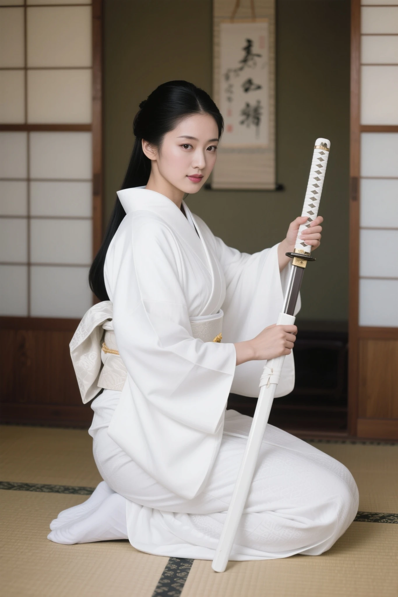 white costume、8k Resolution、Highest image quality、very detailed、Professional photo、perfect composition、fine texture、natural posing、depicting every detail、Hyperrealistic、traditional Japanese costume、young Japanese woman wearing a pure white kimono、the kimono is thick、The obi is pure white、the foot bag is pure white、traditional Japanese house、sitting upright in a traditional Japanese room、traditional Japanese pose、looking at me、That amazing smirk just now、straight black hair that extends to the back、a Japanese woman with an elegant face wearing elegant makeup、the most beautiful woman in the world、Noble beauty、has a hanging scroll between the floors on her back。trying to pull the sword out of the scabbard at chest height while sitting upright、Dagger with a white scabbard、white wooden scabbard and pattern、the dagger is in the scabbard、The length of the dagger is 30 cm、