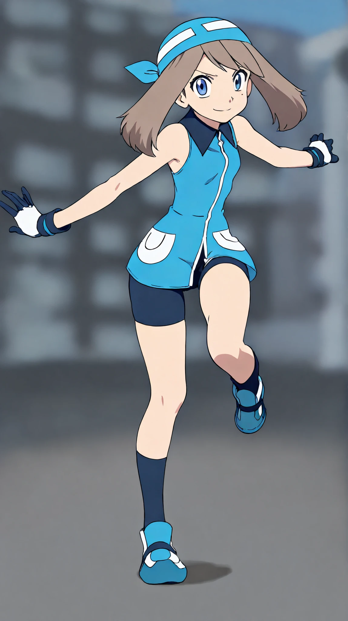 ((anime screenshot, anime coloring, )) SapphireBirchILXL, ((Top quality)), ((masterpiece)), ((details)), solo, 1girl, two legs, two arms, tall, anime coloring book, 1 woman, 8, Full Body, slim figure, Brown hair color , twin tail, blue eyes, big , A determined smile, High kick pose, adult older sister crouching, blue bandana, blue sleeveless tunic, Miwaki, black bike shorts, gloves, black knee-high socks, thighs, Blue shoes, looking at viewer, Standing, City, May, (\Pokémon\), score_9, score_8_excellent, score_7_excellent, score_6_excellent, Source_anime, Cell Shading, Flat Color, vector,