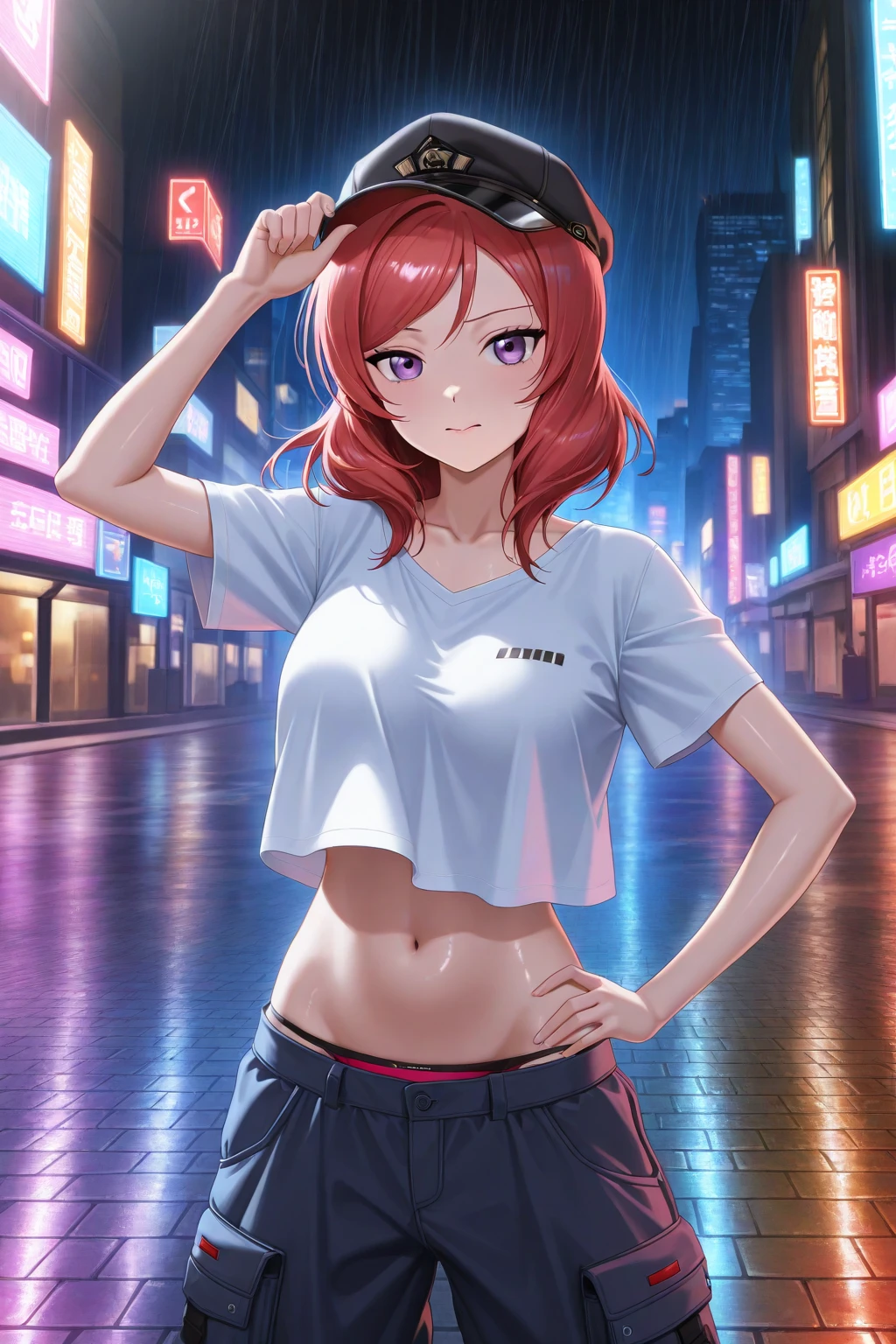 4k, June Scenario, linda mulher, cabelo longo, cabelo castanho, medium breasts, olhos azuis, camisa branca, hot pants, neon red heart necklace, olhando para o espectador, noite, colorful hydrangea