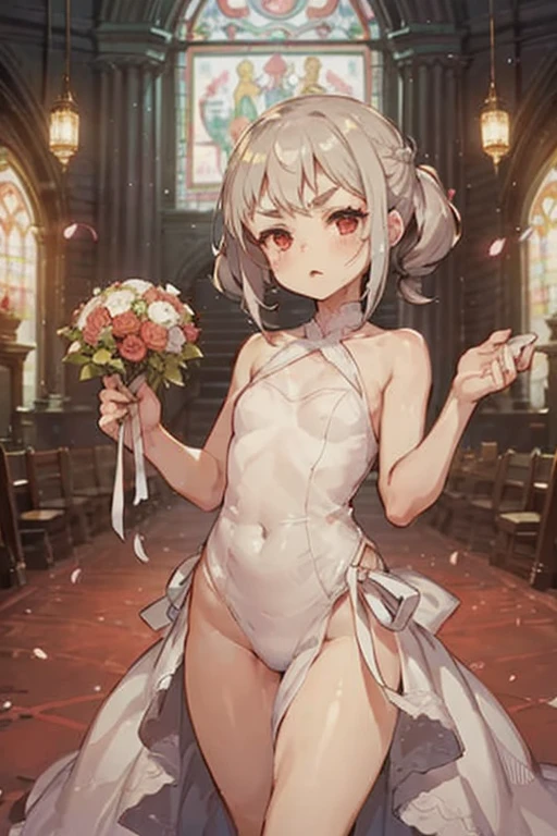 masterpiece, best quality, highres, wedding dress, white dress, garden, holding bouquet, confetti,Shoulder Bare、midriff peek、bare legs、very long veil、(She showed off her white panties:1.5)、((Glowing Skin:1.2))、cameltoe、smile、kiwi,,, Detailed eyes