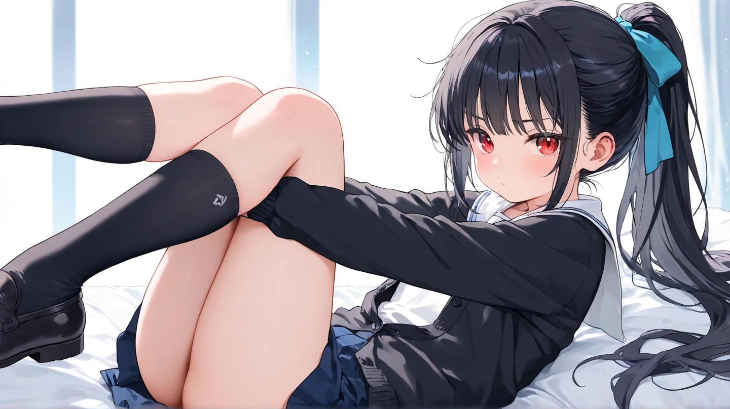 nsfw, 1 girl, solo, black hair, long hair, black sailor dress, black pleated skirt, white pretty , (background: bedroom bed), legs up, legs up showing pantiesiful big tits: 1.3,ssed face, blush, beautiful girl, sweaty wet skin, gravure pose, focus on crotch, sunset High Quality, High Definition, Detailed, Masterpiece