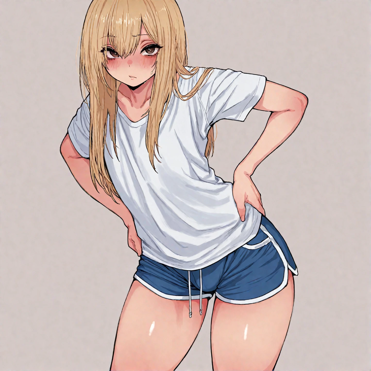 (young girl ,short stature,gyaru) ,flat chest,nsfw,big head, rotund. wedgie one-piece-swimsuit,, looking away.pussy,nipple