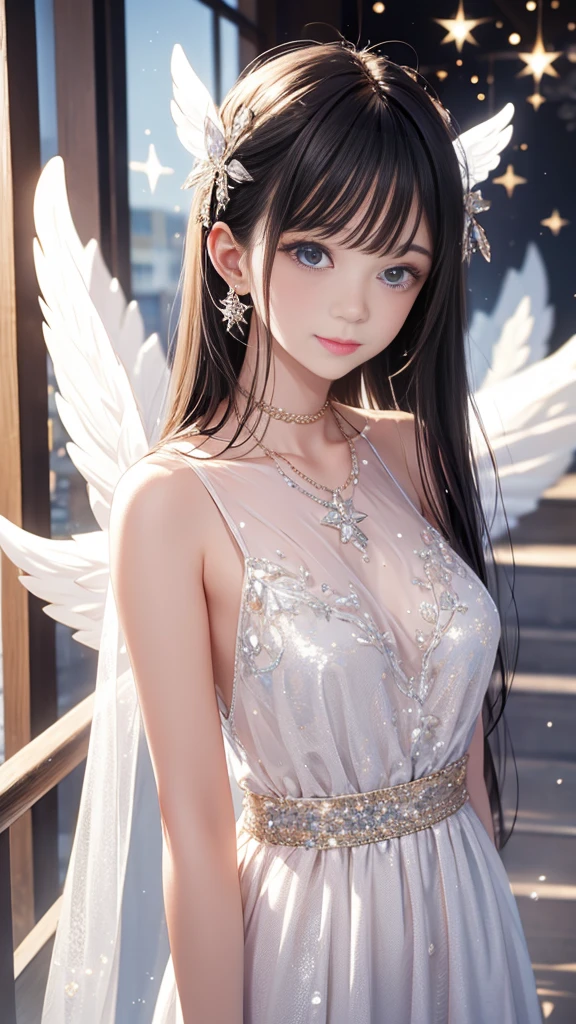 high resolution, best quality, masterpiece, ultra high definition, ultra high definition, ultra realistic, 3d, anime, illustration, solo, very beautiful and cute woman in her twenties, she wears a light white floral miniskirt length dress and flutters her wings, her hair is moving, full body, wonderful perfect proportions, shiny light brown medium hair, high layer cut, mullet hairstyle, bright blue eyes, happy, shy