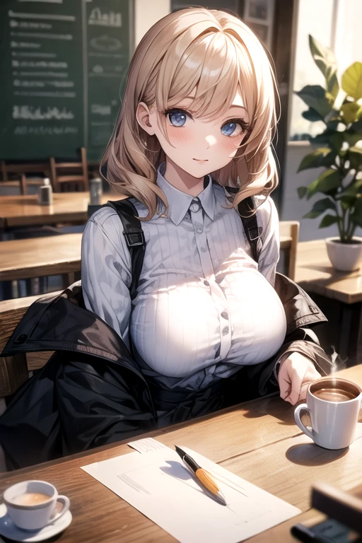 a 20 yo woman、(masterpiece:1.4)、(in 8K、realisitic、Raw photo、top-quality:1.4)、(Real Face:1.4)、(real looking skin:1.3)、超A high resolution、A hyper-realistic、Black eyes、Blonde Low Ponytail、耳环、Office Worker、Business suits、(huge-ed:1.5)、gargantilha、Blushing、alluring face、cafes、coffee