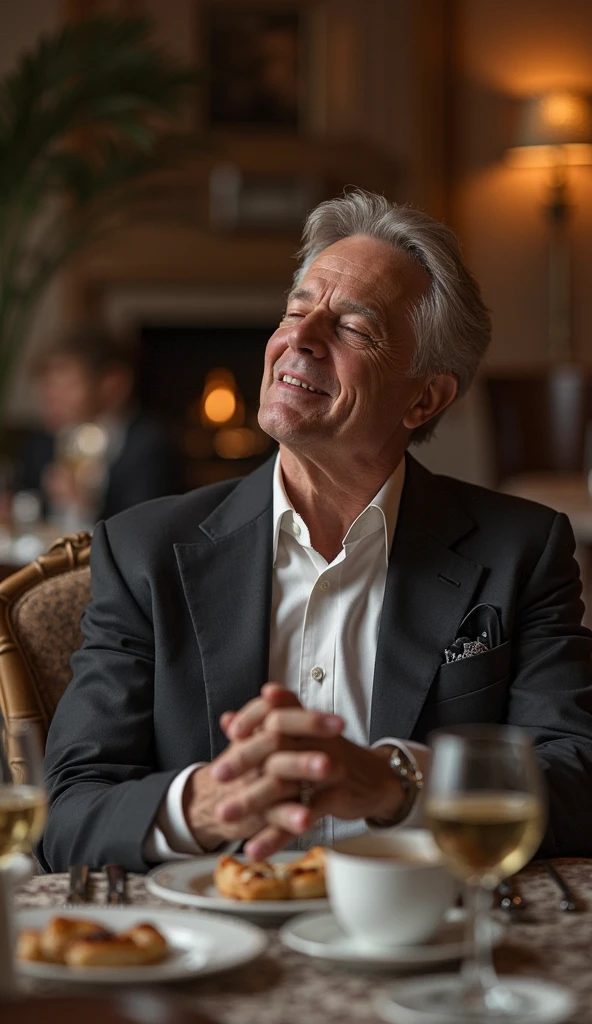 photorealistic,man,Age 59 years,Looks good,Oval face,smile,Wear black pajamas,Sit and read a book.,At the casino,Catch the book,Take a picture of yourself,Sharp picture,realistically.