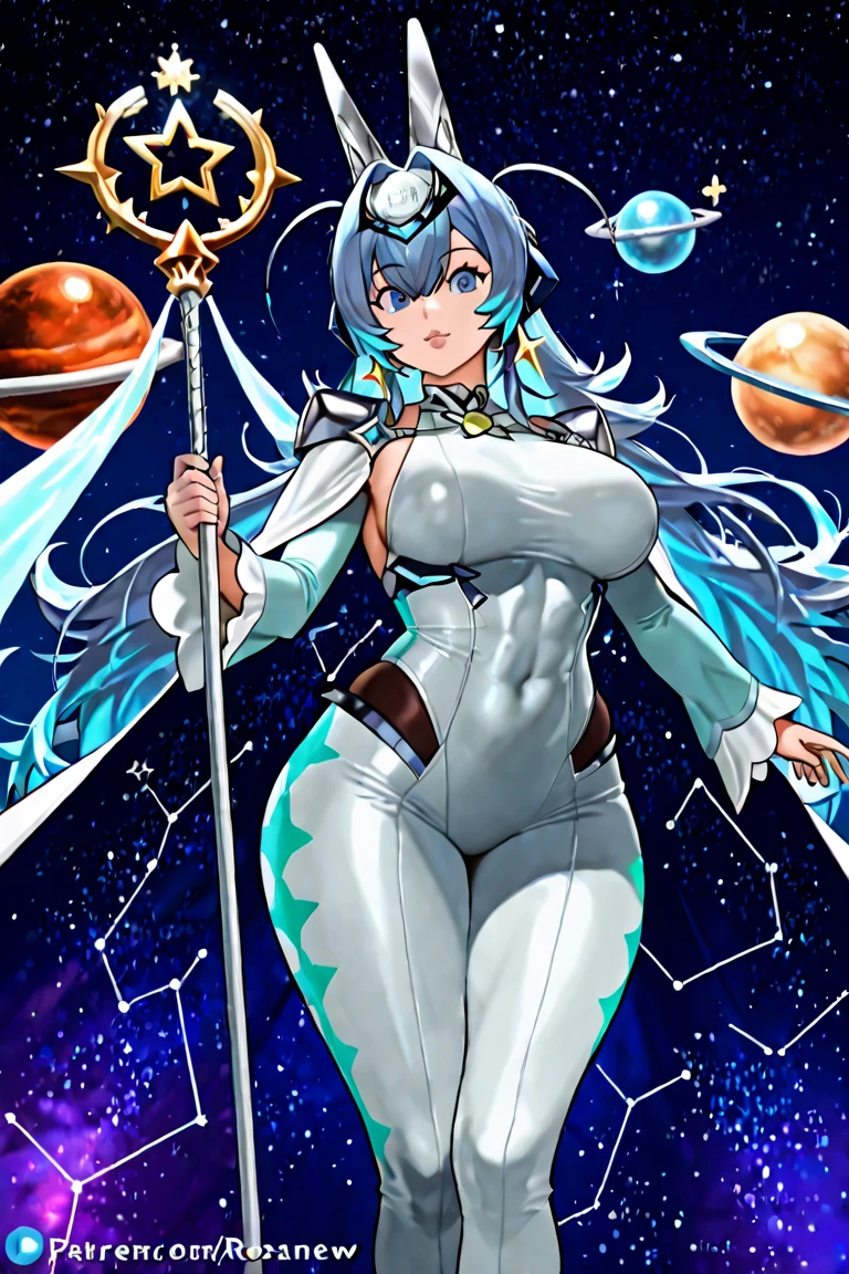 (Perfect body),Best Quality,(8K Portrait),(Official art)、((NSFW))、((Teenage female))、embarrassed from、1girl in,(:o)、One eye is closed、(blush),(Sweat),(((huge-breasted)))、((thick thighs))、((big butts))、((Silvery head hair)),(Blunt bangs)、((Short hair))、(((Sideburns braids)))、((light blue eyes))、Cowboy Shot、Blue and yellow leotards、Golden decoration、armor on the shoulders、Electronic space、Hands behind the head、Armpits、spreading legs