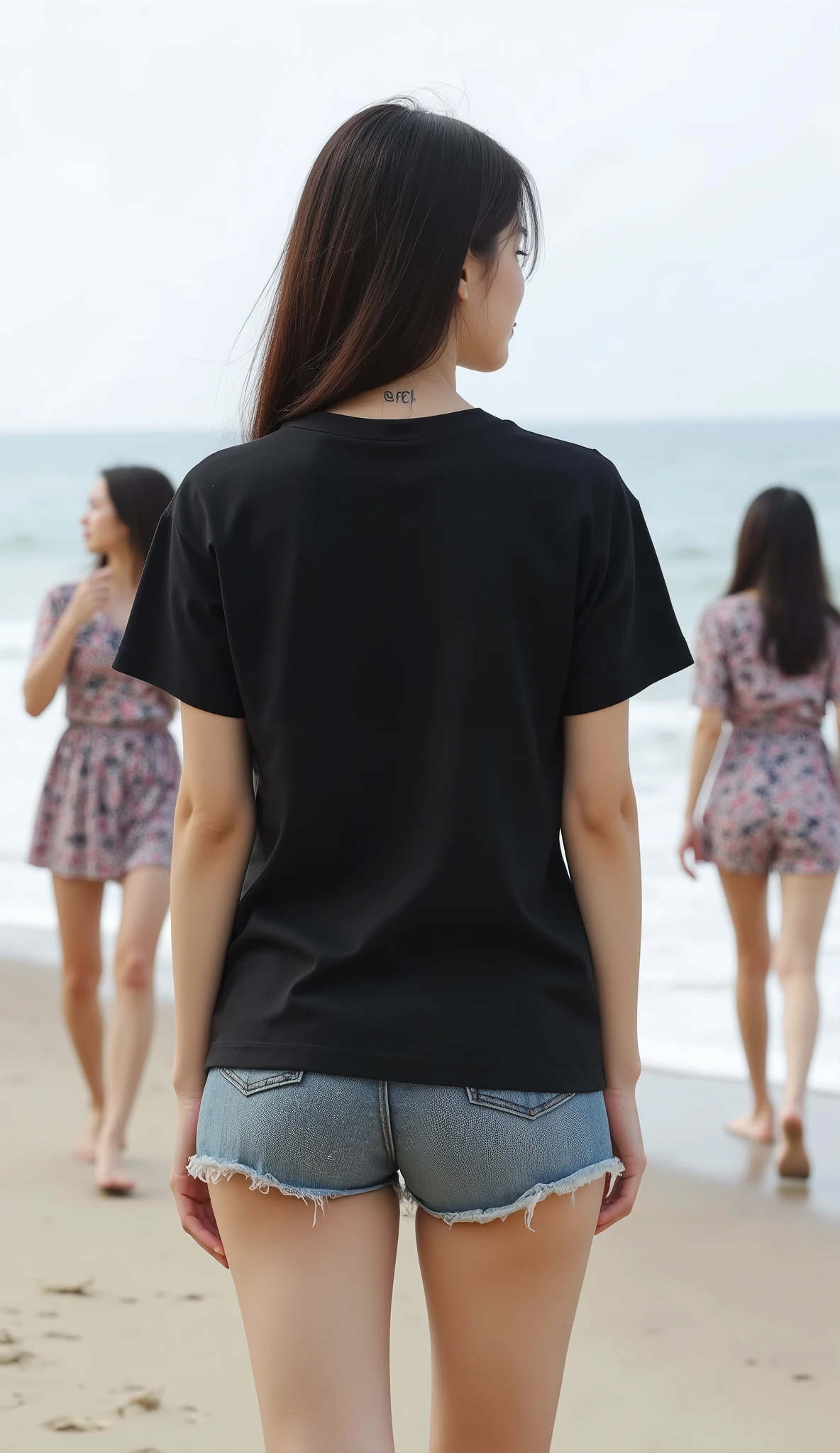 asian woman, upper body,  black shirt, jeans, black hair, looking at viewer, beach<lora:age_slider_v20:-1>