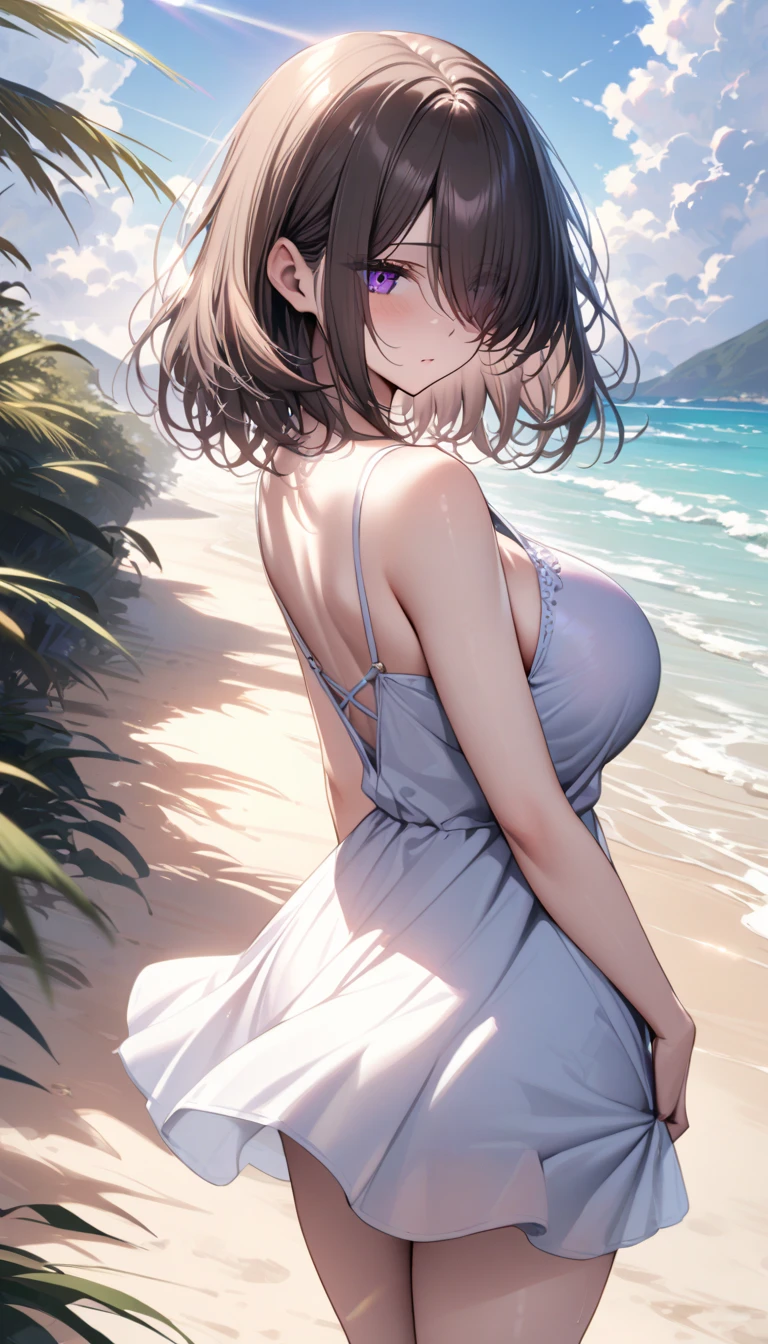 samsung sam, medium breasts, lush breasts, voluminous breasts, elastic breasts, five fingers, detailed hands, brown hair, bob haircut, seductive, nipples, very loose long billowing transparent white dress, wind blowing dress, posing on the beach, pose, nipples, vagina, vaginal insertion