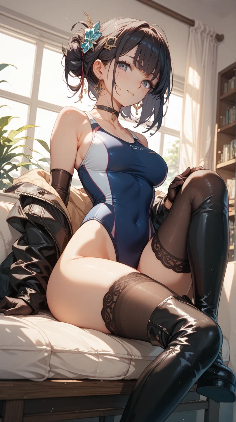 top-quality、Full limbs、complete fingers、Slender beauty、Women with straight hair、((Red-haired woman))、Women with medium hair、(Beautiful busty woman:1.3)、(Black competitive swimsuit with red lines)、(Brown pantyhose)、Naughty Poses、bedroom、a bed、suggestive pose、Blushing、A big smile、(Sitting with crotch open)