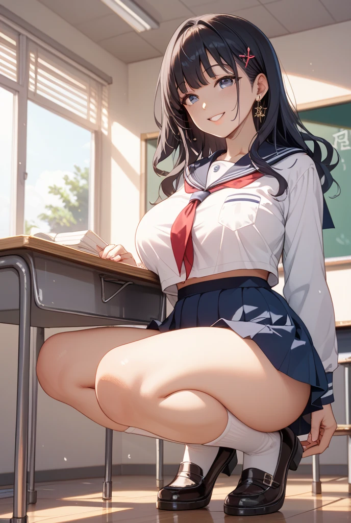 nagatoro hayase, blue mini skirt, cleavage, thick legs, perfectly detailed hands, Extremely detailed eyes, small breasts, (from below:1.2), bent over, grin, blush, best quality, masterpiece, perfect lighting, arms behind back, big ass, back view, face, super sexy, detailed crotch, sitting in the classroom chair,