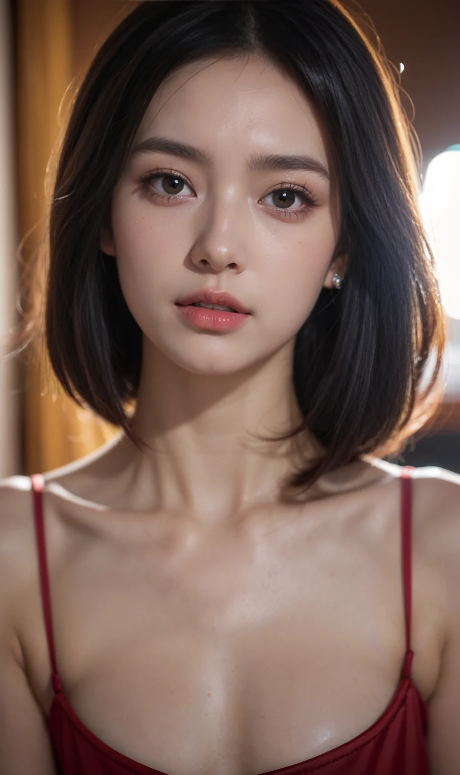 zydG, 1girl, Ultra detailed skin, view, brown eyes, (shoulder-length short hair with bangs: 1.2), (photorealistic: 1.4), (best quality: 2.0), (ultra high resolution: 1.0), 8K, RAW photography, (masterpiece: 1.5), (pureerosface_v1:1.5),pink lingerie,satin fabric big eyes,big breasts,(glowing lips:1.4), dynamic lighting, glowing skin, pink glowing lipstick, beautiful white skin, lying in bed