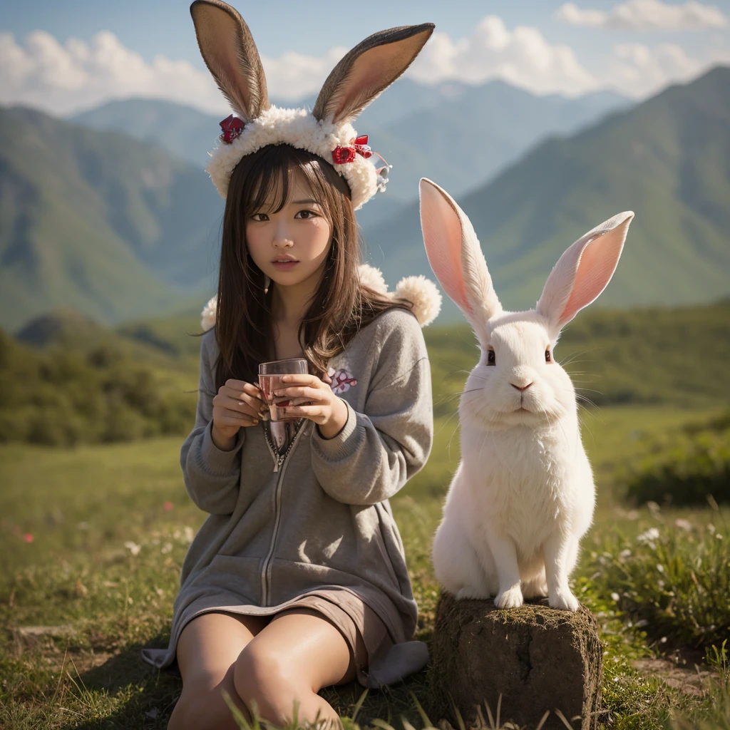 anime girl in bunny ears holding a turtle in her hands, bunny girl、playboy bunny, ultrarealistic sweet bunny girl, bunnypunk, bunny, inspired、pixiv contest winner, A story about rabbits and eyes、20代のbunnyガールが亀を持って睨めっこ、mountains in the background々、aerial perspective、goal flag、10th generation、baby face、cute girl、A woman looking at a turtle、woman looking up into the distance、soft breasts、Rabbit army victory、smile