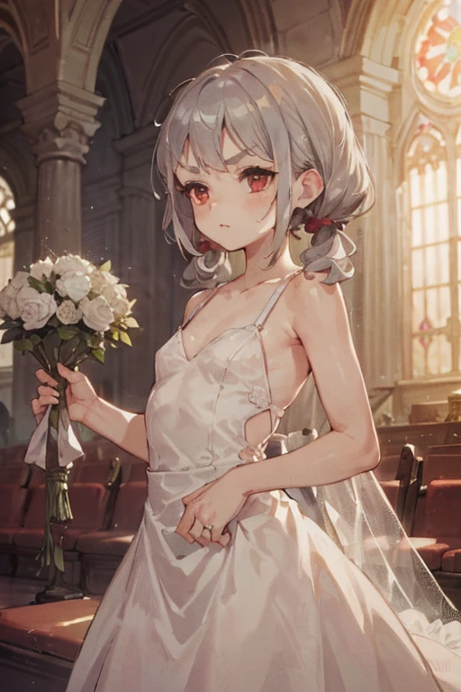 <lora:rosy_bridesmaid_m6:1>, rosy bridesmaid, masterpiece, best quality, 1girl, standing, cowboy shot, blush, smile, wedding dress, rose, holding bouquet