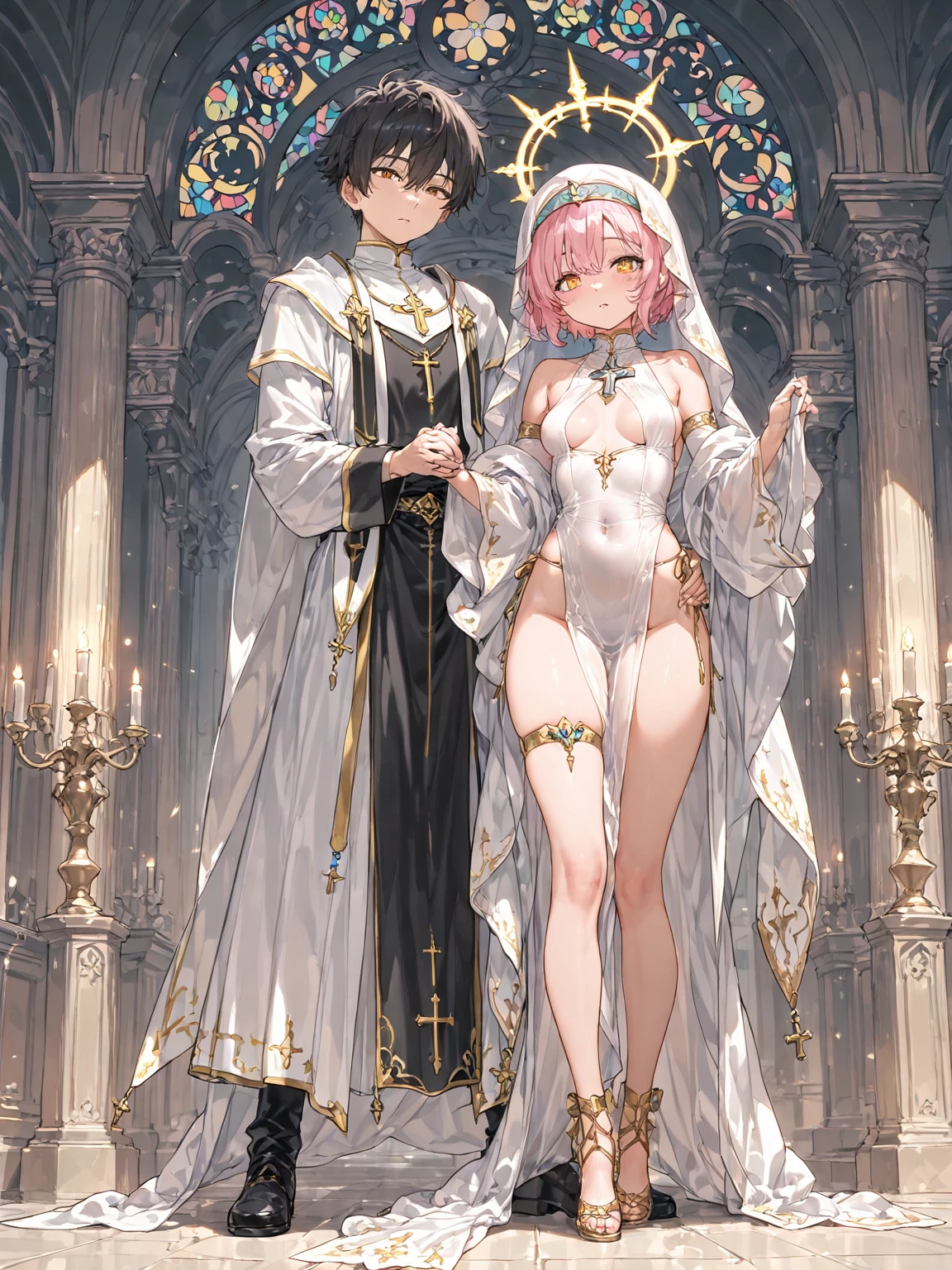Very delicate, highest quality, masterpiece、1 boy 1 girl、Naked Girls With Big 、Naked boy with erect penis、pubic hair、Holding hands、Looking at each other、Face to face、indoor、Fantasy、Standing side by side、