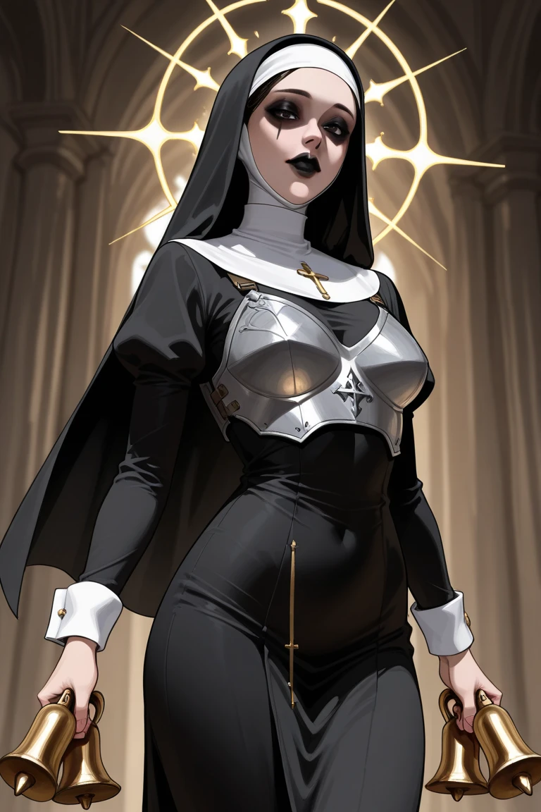 score_9, score_8_up, score_7_up, score_6_up,, anime_source, thicc Goth nun, latex nun outfit, stockings, nun cap, tattoo, goth girl, black celebration, big tiit, cleavage, large hips , small waist, from side , curvy, big butt, black lips, dark mass, destroyed cathedral, debris, pentagram, glowing portal to hell, latex gloves, green eyes