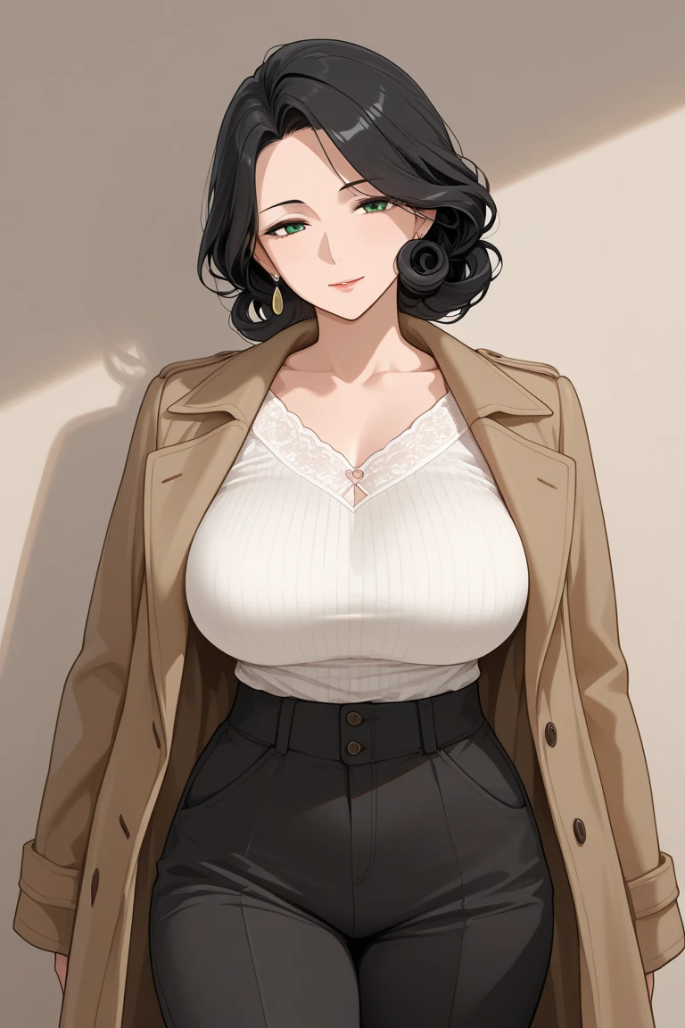 t-shirt, trench coat, (photorrealistic), (best quality), 8k, Foto RAW, (masterpice), 1girl, detailed skin, looking at viewer, brown eyes, (medium hair), (bangs), (big breasts), (cleavage)