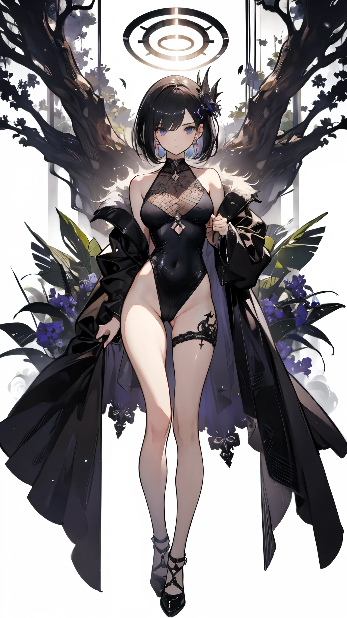 A girl stands on the rooftop of a high-rise building with a panoramic view of late-night Tokyo below.、She has a short bob with a white lob of hair and wears a large black witch hat with sapphire jewelry.、A high school student wearing a navy blue bikini-type swimsuit with a white ribbon、She wears a large witch's hat with a small sapphire accessory、A few star creams、Beautiful starry sky、Beautiful night view、large witch's hat 、Navy blue bikini pants that dig into your stomach、Small breasts、Small breasts、Navy blue swimsuit top with white frills、I see my stomach、The area around the stomach is bare skin.、Belly button、Halterneck bikini、She is wearing hot pants、She is wearing a long black coat with the front open.