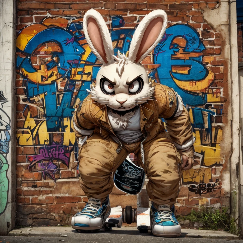 “Bad rabbit furry bara bunny on a skateboard, graffiti, street art style, challenging expression”