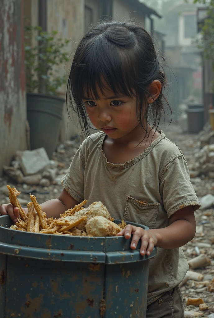 An Asian child eats in a war zone,house,rubble,karo