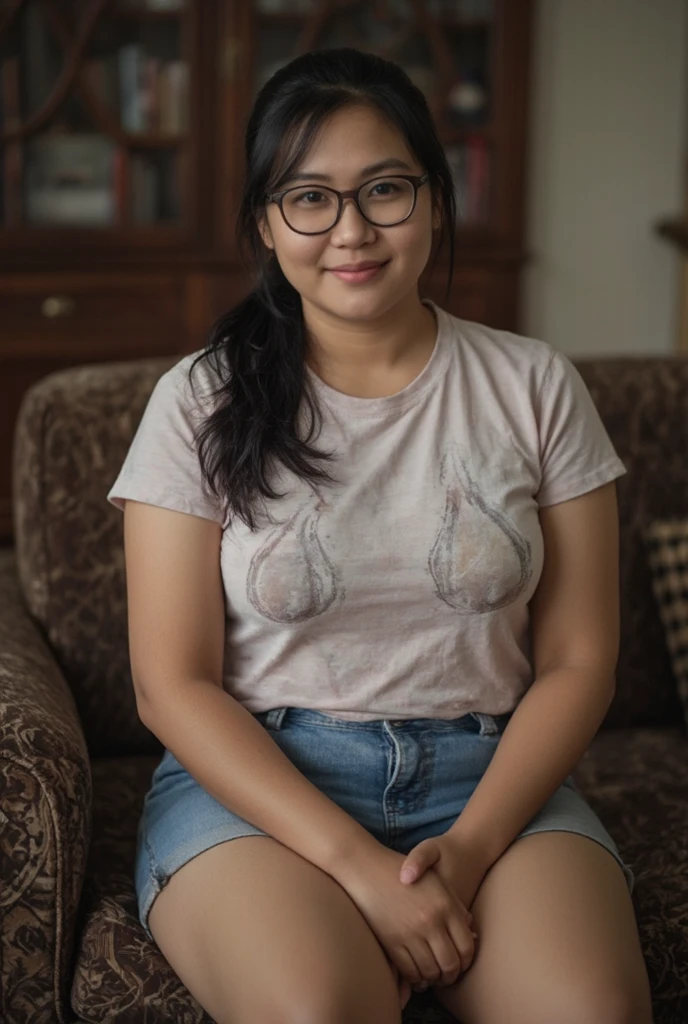((best quality)), ((masterpiece)), (detailed), 1 person. Ponytail hairstyles. Curly hair style.nude full body. 3/4 portrait. Very sexy body type.malaysia girl. Big breast. Sawo matang skin. Get double fuck with two guys. big shoulder. Big ass. Prone body. Hang out pose. Age 54 year old sit on chair.one legs up. Masturbate girl. Fingering her pussy. Big spectacle frame. Very goddess pose sexy. Oil body. Clean body